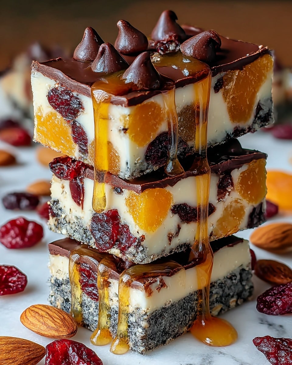A stack of three dessert bars is shown, each having two clear layers; the bottom layer is dark grey with a crumbly texture and visible seeds or nuts, while the top layer is creamy white and smooth, filled with bright orange apricot pieces, dark and red dried berries, and whole almonds. The bars are topped with shiny, dark brown chocolate chips and glossy golden honey dripping down the sides. Around the stack, there are loose dried cranberries and almonds scattered on a white marbled texture. Photo taken with an iphone --ar 4:5 --v 7