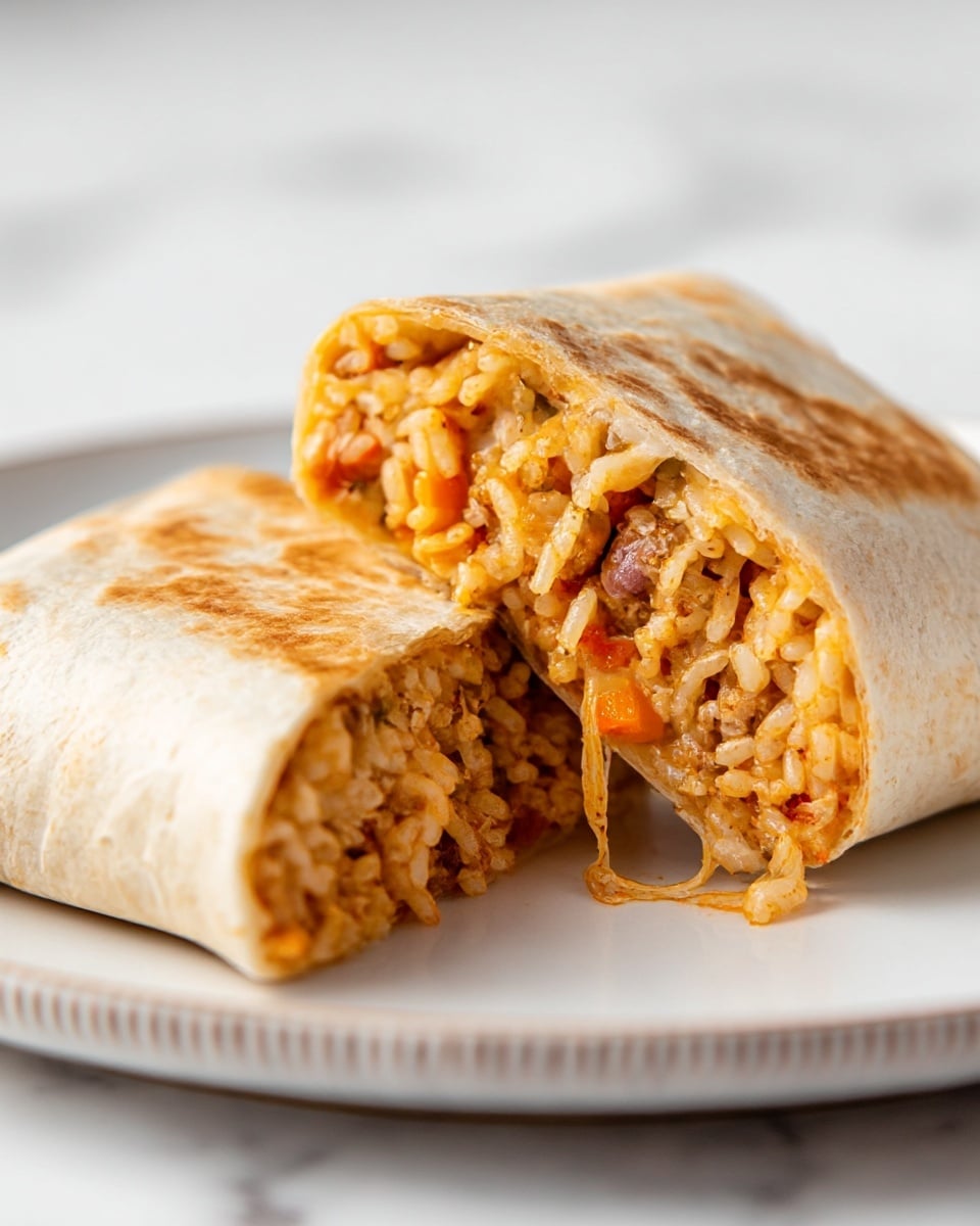 The image shows a close-up of a burrito cut in half, placed on a white plate with a subtle textured rim. The burrito has a lightly toasted, golden-brown tortilla wrapped around a filling made of cooked rice, melted cheese, small pieces of orange vegetables, and bits of seasoned meat or beans, giving a mix of light brown, orange, and yellow colors. The texture inside looks soft and gooey, with some cheese strands visible near the cut edges. The background is a smooth white marbled texture, giving a clean and bright look. photo taken with an iphone --ar 4:5 --v 7