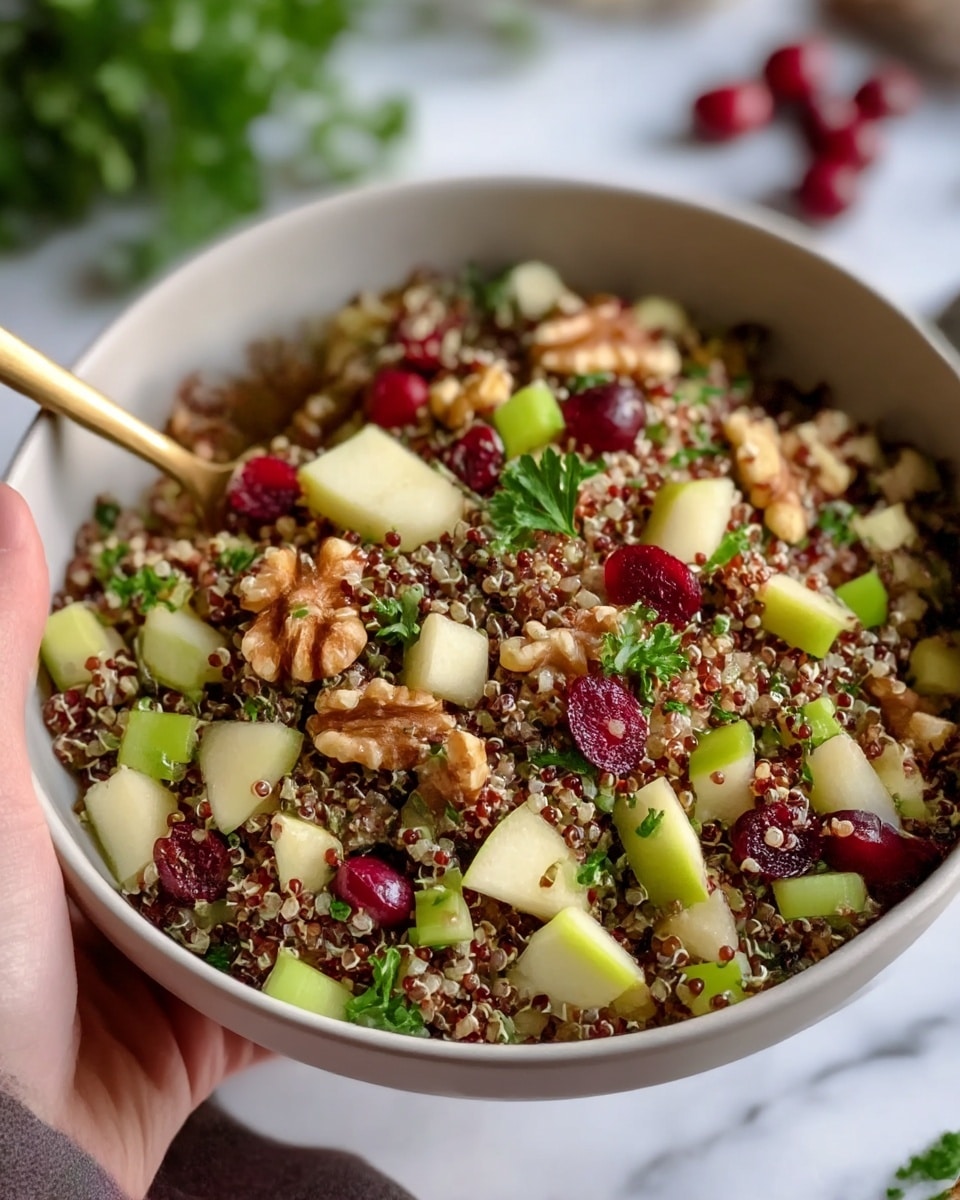 A close-up view of a white bowl filled with a colorful quinoa salad. The bottom layer is a mix of red and white quinoa with a bumpy, shiny texture. Scattered throughout are small chunks of pale green cucumber and light yellowish apple pieces, giving fresh and crunchy details. Bright red dried cranberries and cut green celery add contrast, along with small green parsley leaves for a touch of freshness. Walnut pieces, light brown and slightly shiny, are mixed in for texture and color. In the background, a brass-colored spoon peeks out from the salad, and a woman's hand holds the bowl from the side. The setting features a white marbled surface and some soft greenery in the far background. Photo taken with an iphone --ar 4:5 --v 7