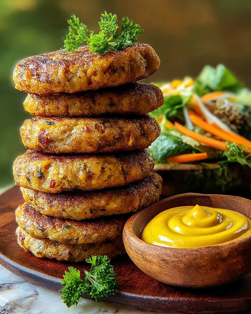 A stack of five thick, golden-brown patties with a slightly crispy, textured surface showing hints of herbs and spices, arranged one on top of another in the center of a dark wooden board. On the right side of the stack is a small wooden bowl filled with smooth, bright yellow mustard sauce shaped in a swirl. Behind the patties is a fresh salad made of green leaves, thin orange carrot slices, and some other colorful vegetables, with a sprig of green parsley placed on top of the stack. The whole setup is placed on a white marbled surface with a blurred green and brown background. Photo taken with an iphone --ar 4:5 --v 7