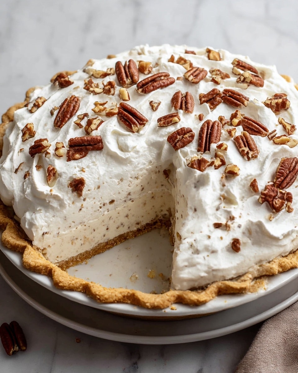 A close-up of a pie with three visible layers, placed on a white plate against a white marbled texture. The bottom layer is a golden-brown crust with a crimped edge that holds the pie together. The middle layer is a light beige creamy filling speckled with small nut pieces, slightly overflowing the crust. The top layer consists of a thick, fluffy white whipped topping spread with soft swirls, generously sprinkled with chopped pecans. Photo taken with an iphone --ar 4:5 --v 7