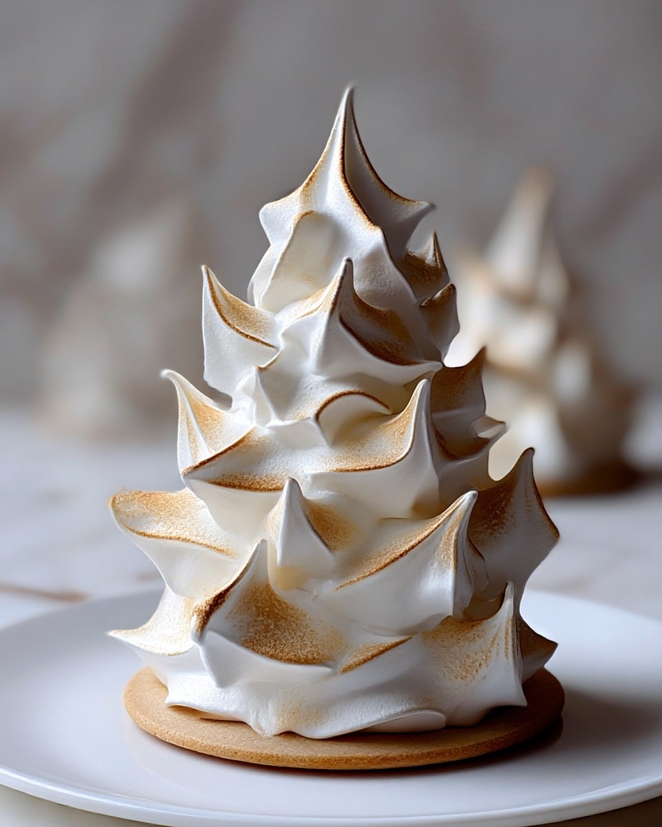 The image shows a small, cone-shaped dessert that looks like a white meringue Christmas tree with pointed peaks all around. The dessert has at least three layers of sharp, curved spikes that are lightly toasted to a golden brown on the edges, giving it a textured look. It sits on a thin, round, golden-brown base on top of a white plate. In the background, there are more similar meringue trees blurred out. The whole scene is on a white marbled texture. Photo taken with an iphone --ar 4:5 --v 7