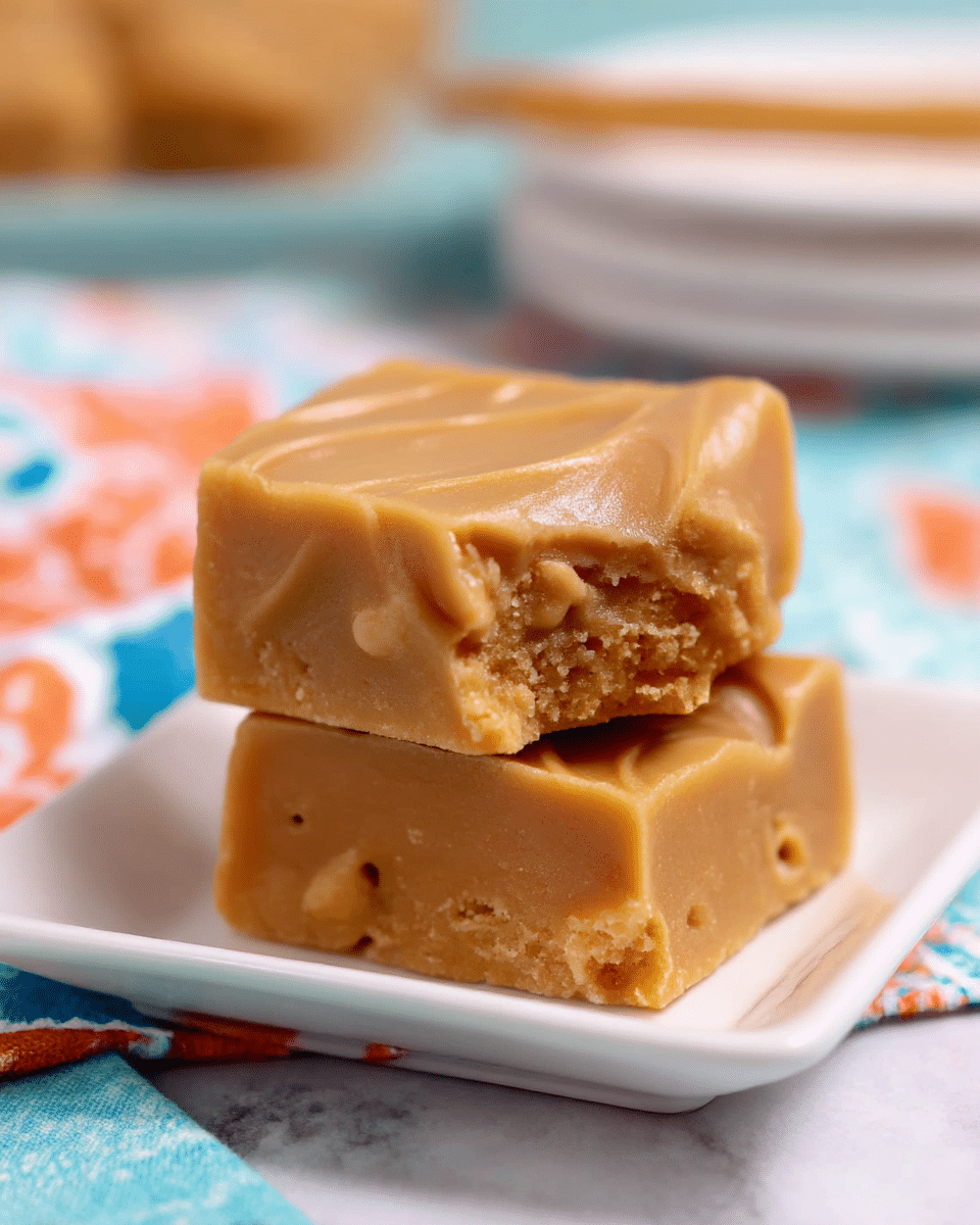 Two square pieces of peanut butter fudge stacked on top of each other on a small white square plate. The fudge has a light brown color with a smooth, shiny, and creamy texture on top, showing small swirls and curves. The inside looks dense, slightly crumbly with a few little bubbles. The plate sits on a white marbled surface with a colorful cloth underneath it in soft blue, orange, and white patterns, and some white plates with chopsticks are blurred in the background. photo taken with an iphone --ar 4:5 --v 7