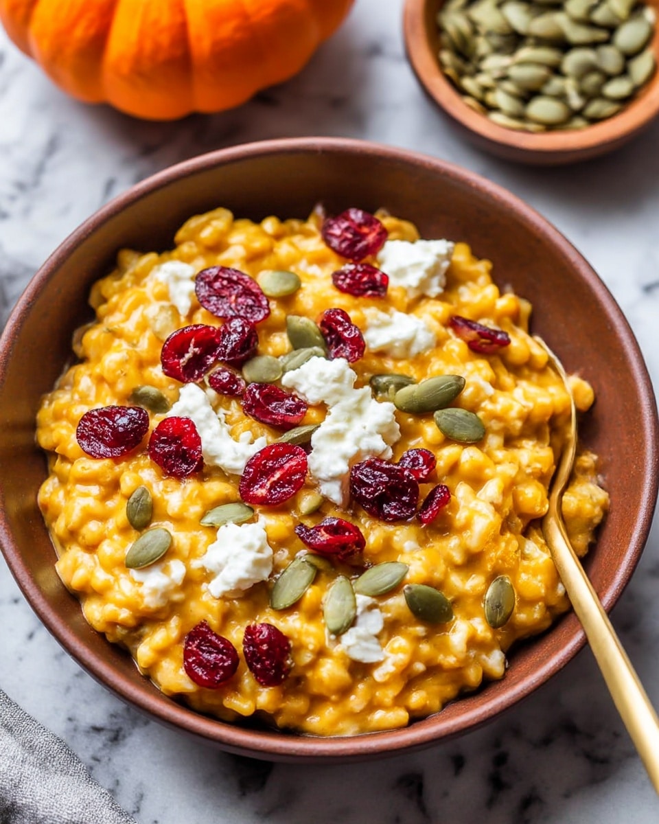 A white bowl filled with creamy orange risotto that has a soft, thick texture. On top, there are scattered bright red dried cranberries, small dollops of white cheese, and green pumpkin seeds adding texture and color contrast. A few small green herb leaves are sprinkled over the risotto. A gold spoon rests in the bowl on the right side. The bowl sits on a white marbled surface, with a small pumpkin visible in the background. Photo taken with an iphone --ar 4:5 --v 7