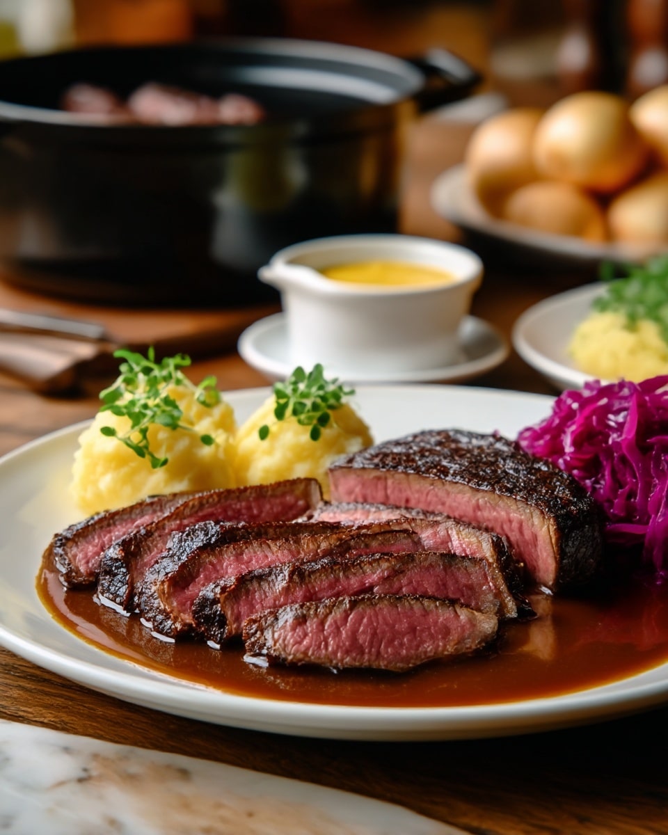 A plate holds five thick slices of roast beef, medium cooked with a pink center and dark brown edges, arranged slightly overlapping on the right side. The beef is covered in a glossy, rich brown gravy that pools at the bottom. Behind the slices is a larger piece of the roast with the same gravy drizzled over it, garnished with a small bunch of fresh green parsley placed at the back right for color. The plate is white and sits on a white marbled surface. In the blurry background, round buttery golden-brown bread rolls are on a white plate, with a small black bowl of shredded bright purple cabbage and a black pot containing more gravy. Photo taken with an iphone --ar 4:5 --v 7
