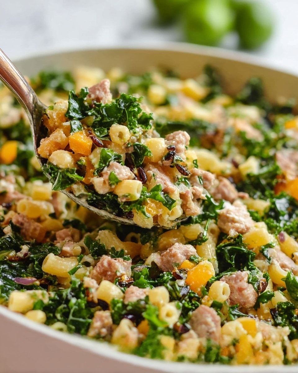 A close-up view of a mixed pasta salad being scooped with a spoon from a round white bowl. The dish has three main layers: small tube-shaped pale yellow pasta pieces spread throughout, chunks of cooked sausage in light brown color scattered evenly, and bright green kale leaves mixed in between. Also visible are bits of orange vegetables, dark brown seeds, and small pieces of red onion adding texture and color contrast. The background is a soft white marbled surface with some blurred green limes. photo taken with an iphone --ar 4:5 --v 7