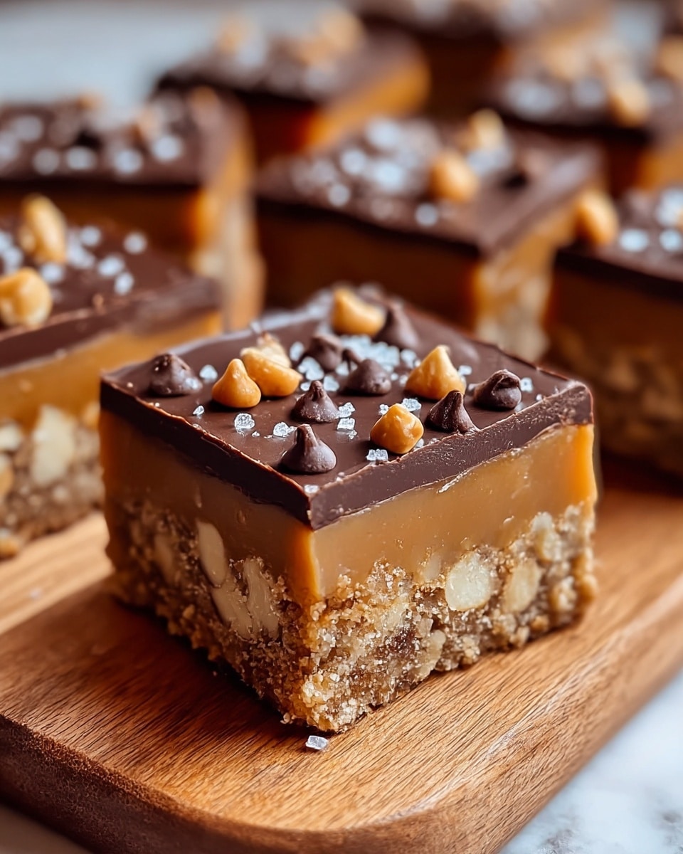 A close-up of a square layered dessert on a white plate with a white marbled surface below. The bottom layer is a crumbly, light brown crust with a rough texture. Above it is a thick, creamy beige layer that looks smooth. Then there is a darker brown, dense layer with visible chocolate pieces. The top layer is a shiny caramel-colored glaze that drips slightly down the sides. On top, there are small dark chocolate chips, chopped nuts, and a sprinkle of coarse sea salt, adding texture and contrast. Photo taken with an iphone --ar 4:5 --v 7