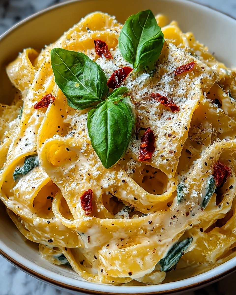 A close-up view of creamy fettuccine pasta piled in layers inside a white bowl, showing wide yellow noodles coated with a rich, smooth white sauce with small green spinach pieces mixed throughout. On top, the pasta is sprinkled unevenly with white grated cheese and black pepper, adding texture and tiny dark and white dots. Bright red dried chili pieces are scattered across the pasta, adding spots of color, and three fresh green basil leaves sit in the center as garnish. The background is a soft white marbled texture. photo taken with an iphone --ar 4:5 --v 7