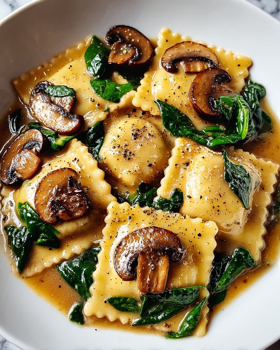 A white bowl holds four square ravioli with a light golden-yellow color and a slightly soft texture, scattered with specks of black pepper. Around and on top of the ravioli are dark brown sautéed mushroom slices with a glossy appearance, and vibrant deep green spinach leaves, all sitting in a glossy, light brown sauce that fills the bowl's base. The dish has a fresh, hearty look with distinct layers of pasta, vegetables, and sauce, presented on a white marbled texture background. photo taken with an iphone --ar 4:5 --v 7