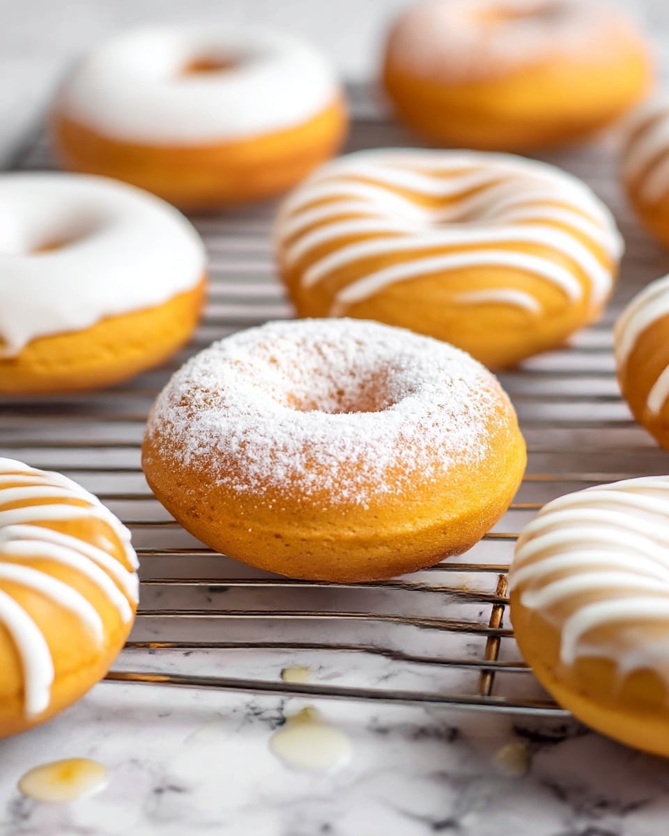 The image shows a group of baked donuts on a metal cooling rack placed over a white marbled surface. The donuts are golden brown with different toppings: one donut in the front center is dusted with white powdered sugar; others have smooth white icing or white icing drizzle in stripes across the top. The icing has a glossy texture, while the powdered sugar looks soft and powdery. The donuts have a smooth, slightly puffy texture and are arranged closely but not touching, with some drops of glaze visible on the rack below. The focus is sharp on the front donuts and fades softly toward the back. photo taken with an iphone --ar 4:5 --v 7