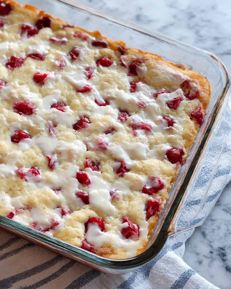 A close-up view of a baked dessert in a clear glass square baking dish showing one layer of light golden-brown cake crust mixed with uneven patches of white creamy topping and scattered bright red cherries peeking through the soft textured surface, placed on a white marbled surface with a white and blue striped cloth partially visible beneath the dish, photo taken with an iphone --ar 4:5 --v 7