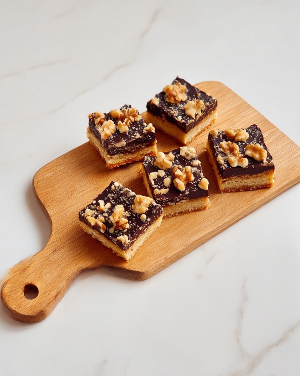 Four pieces of rectangular dessert bars sit on a wooden cutting board with a handle, placed on a white marbled surface. Each bar has two layers: a bottom golden-brown crust and a thick dark chocolate layer on top, sprinkled with uneven chunks of light brown walnuts. The texture of the chocolate layer is slightly rough, and the crust looks crumbly. The bars are arranged casually, with one piece noticeably smaller than the others. photo taken with an iphone --ar 4:5 --v 7