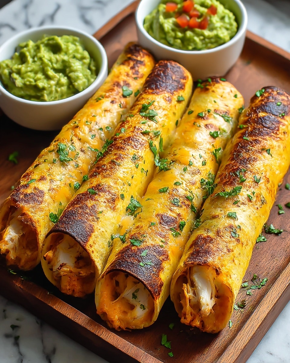 Four grilled rolled tortillas filled with shredded chicken and melted cheese are lined up on a wooden tray. The tortillas have a golden-yellow color with dark brown char marks and are sprinkled with fresh green chopped cilantro. Each roll shows the creamy, orange cheese and white chicken filling peeking out from the open end. Two small white bowls filled with green guacamole garnished with small bits of red tomato sit behind the rolls. The scene rests on a white marbled surface. photo taken with an iphone --ar 4:5 --v 7