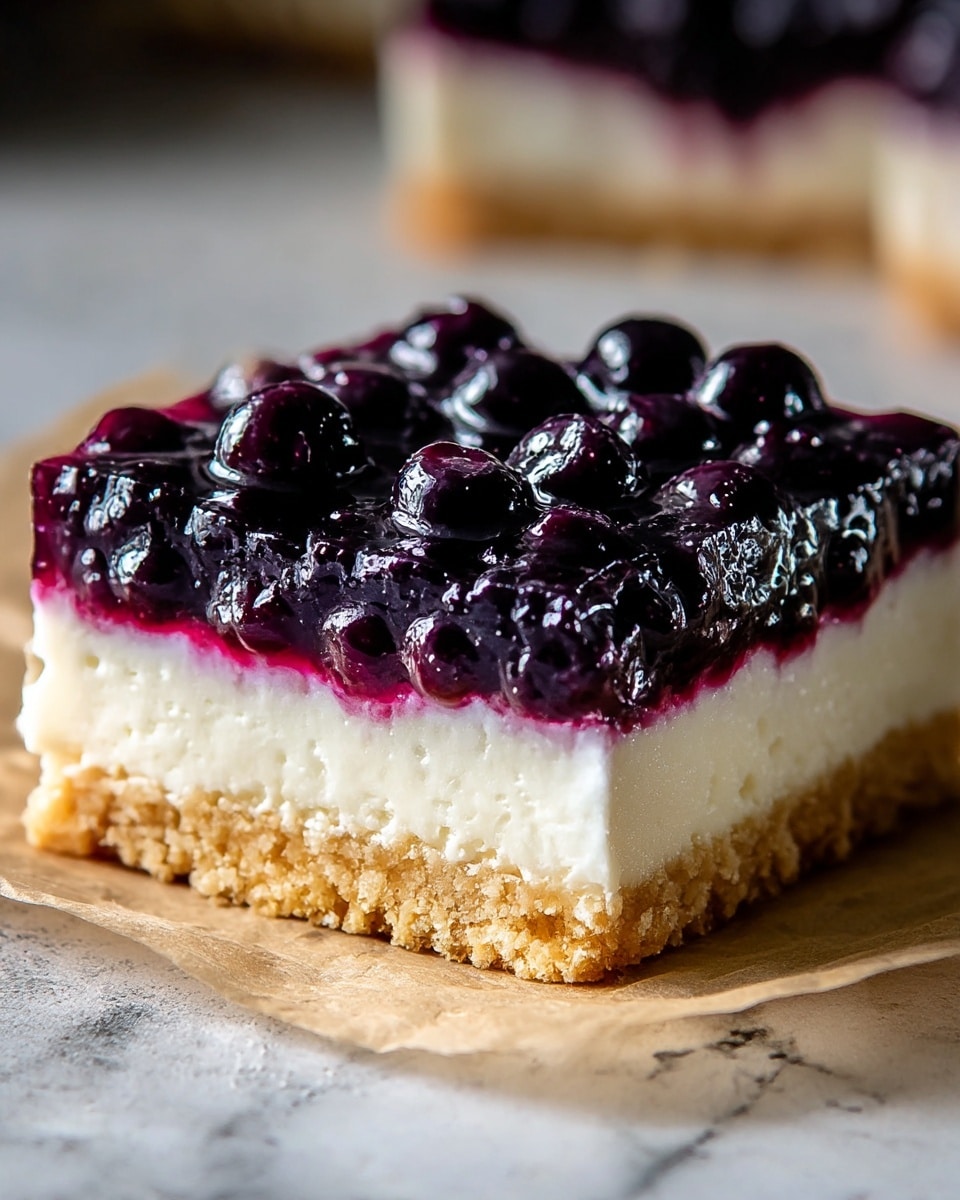 A square slice of dessert with three distinct layers is shown close-up on a piece of parchment paper over a white marbled surface. The bottom layer is a light golden-brown crumbly crust. The middle layer is thick, smooth, and creamy white. The top layer is a glossy, dark purple jelly-like blueberry topping with whole blueberries visibly embedded, glistening in the light. Photo taken with an iphone --ar 4:5 --v 7