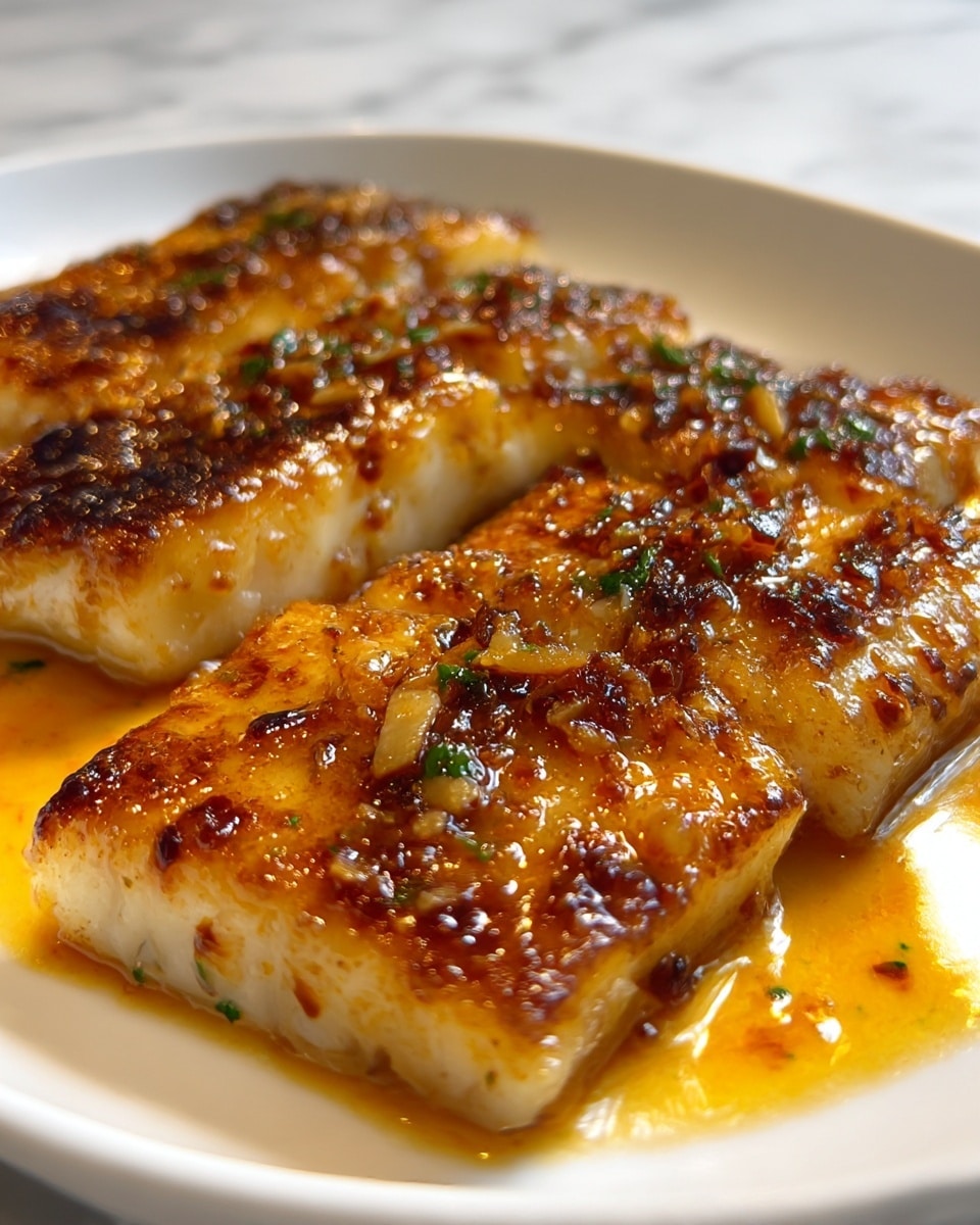 The image shows four pieces of grilled fish, each piece thick and rectangular, placed side by side on a white plate. The fish has a shiny, golden-brown glaze with small bits of charred garlic and spices scattered on top, giving it a textured, slightly crispy look. The surface of the fish glistens under the light, highlighting its moist and tender inside, which is white and flaky. A light sauce pools around the bottom edges, adding a warm orange hue to the overall presentation. The background features a softly blurred white marbled texture. photo taken with an iphone --ar 4:5 --v 7