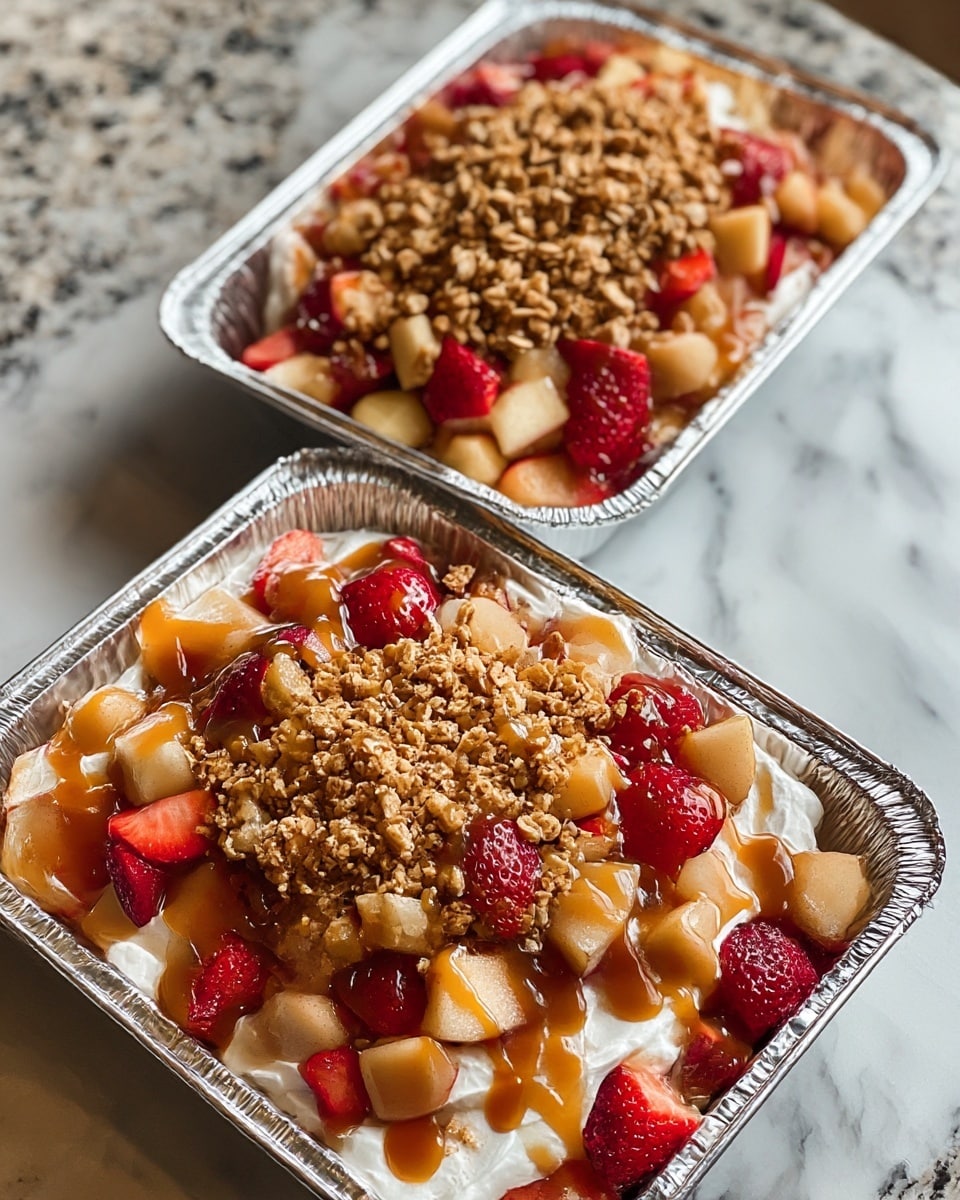 Two foil trays each hold a layered dessert placed on a white marbled counter. The bottom layer is a thick, white whipped cream spread evenly across the base. Above this lies a colorful mix of fresh strawberries and apple chunks scattered fully on top. Drizzled smoothly over the fruits is a shiny, caramel sauce, adding a rich amber color. The final top layer is a generous heap of golden-brown granola clusters sitting in the center of the fruit layer, creating a crunchy texture contrast. The trays are set at an angle with one slightly behind the other. Photo taken with an iphone --ar 4:5 --v 7