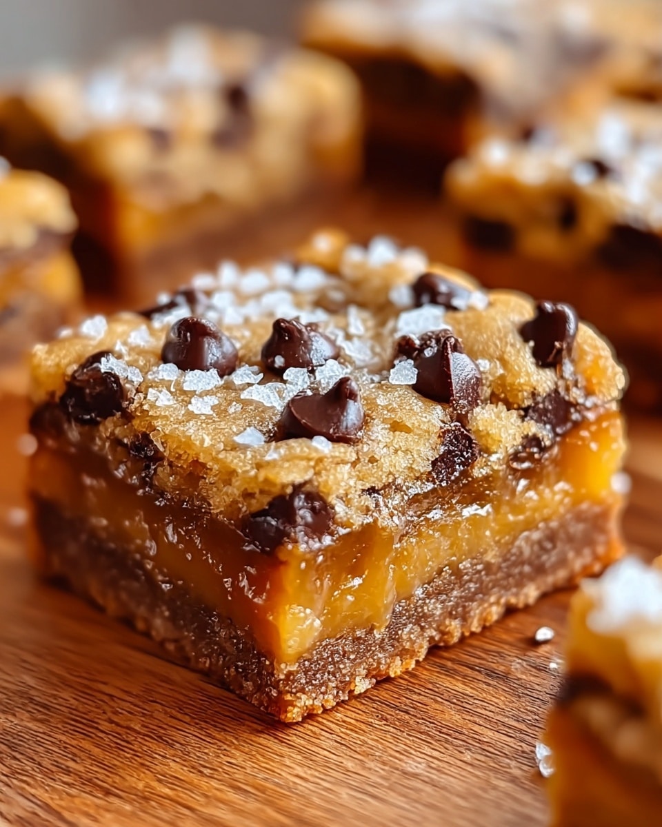 A close-up image of a square-shaped dessert bar showing three distinct layers: the bottom layer is a dense, crumbly brown crust, the middle layer is gooey and caramel-colored with a shiny, smooth texture, and the top layer is a golden-brown cookie-like crust studded with dark chocolate chips and sprinkled with coarse, white sea salt crystals. The dessert piece rests on a wooden surface with more similar squares blurred in the background. photo taken with an iphone --ar 4:5 --v 7
