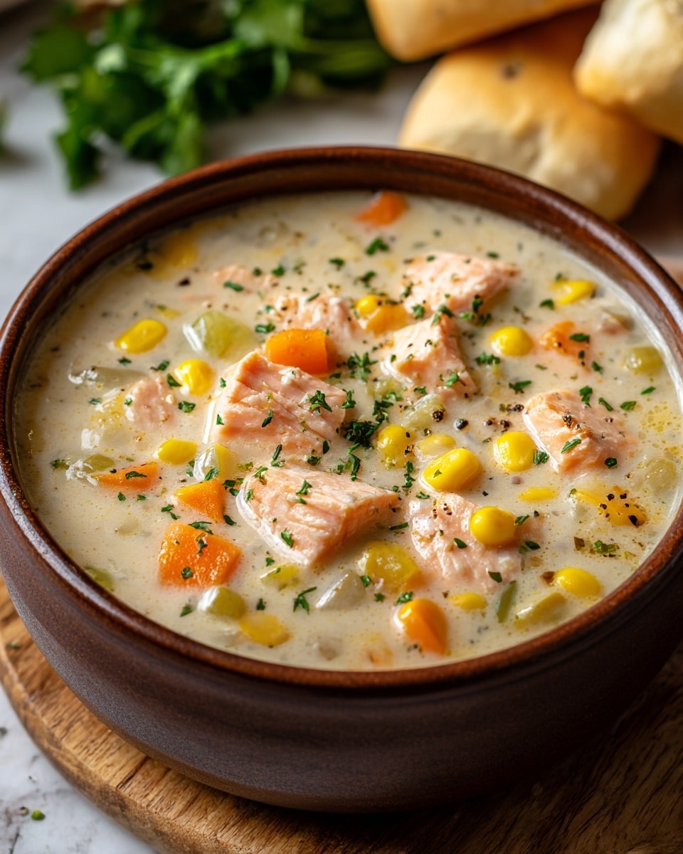 A brown bowl filled with a creamy soup that has chunks of pink salmon, yellow corn, small pieces of orange carrot, and bits of green celery floating in a light beige broth. The soup is topped with small green herb sprinkles and black pepper. The bowl sits on a wooden board with a blurred background showing green leafy vegetables and pieces of golden brown bread. The surface underneath is a white marbled texture. photo taken with an iphone --ar 4:5 --v 7