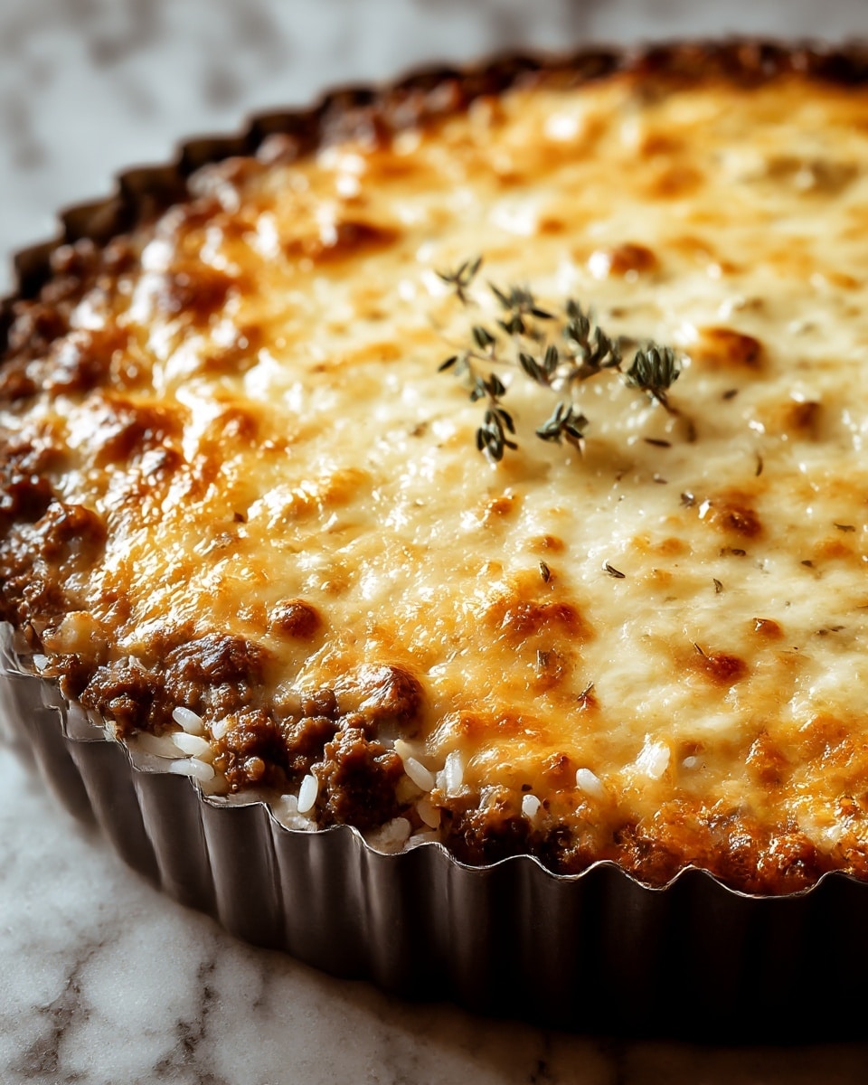 A close-up view of a baked casserole in a dark fluted pie dish, showing two main layers: a bottom layer of white rice mixed with browned ground meat and a top layer of golden melted cheese with brown spots and a slightly bubbly texture, garnished with a small sprig of fresh thyme in the center; the dish is set on a white marbled surface. photo taken with an iphone --ar 4:5 --v 7