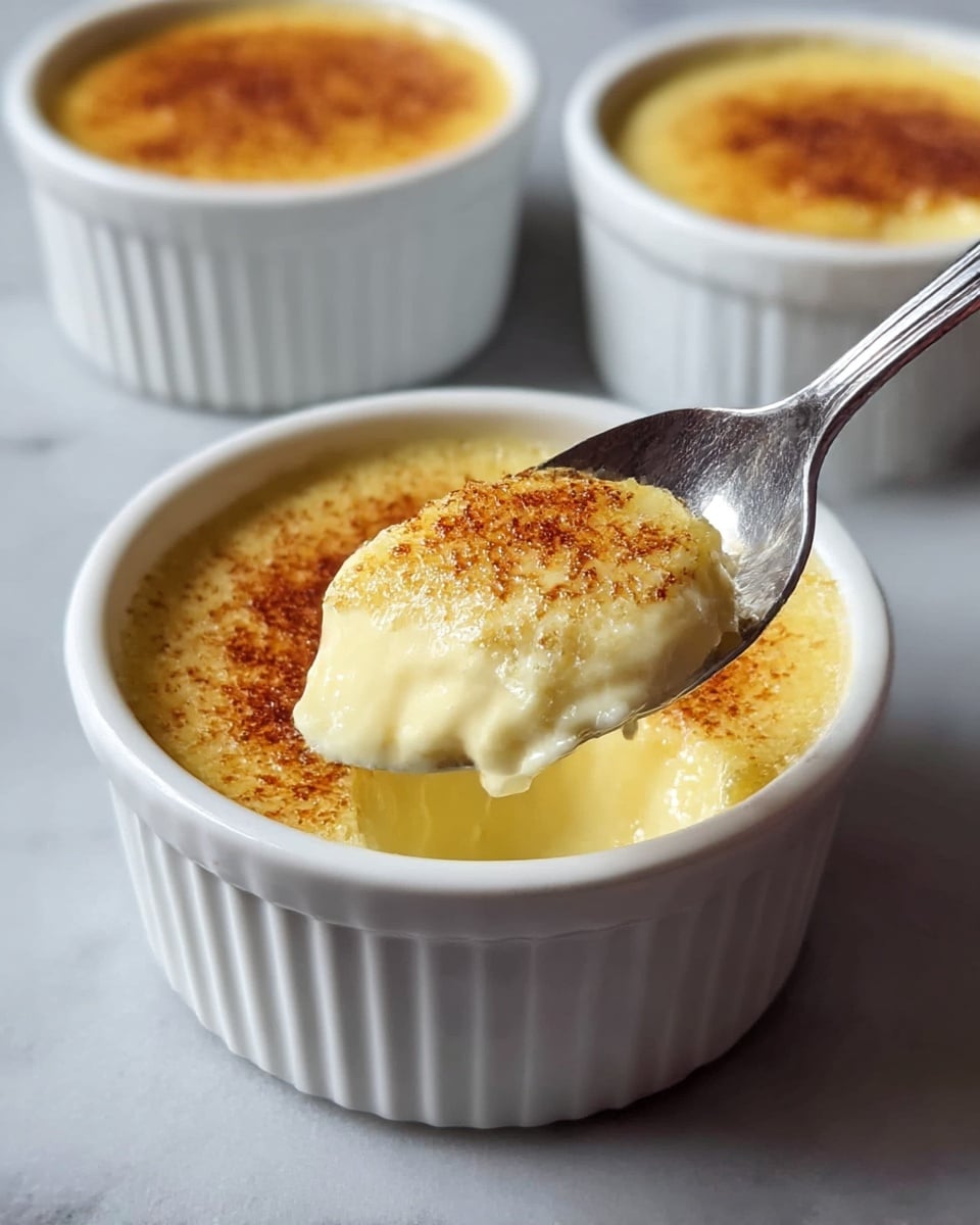 The image shows three white ramekins filled with a creamy dessert topped with a light brown, slightly toasted layer. One ramekin is in front, with a silver spoon lifting a scoop that reveals a thick, smooth, pale yellow custard underneath the thin golden crust. The texture looks soft and silky, with the toasted top layer adding a gentle contrast in color and slight granularity. The dishes sit on a white marbled surface, enhancing the warm creamy tones of the dessert. Photo taken with an iphone --ar 4:5 --v 7