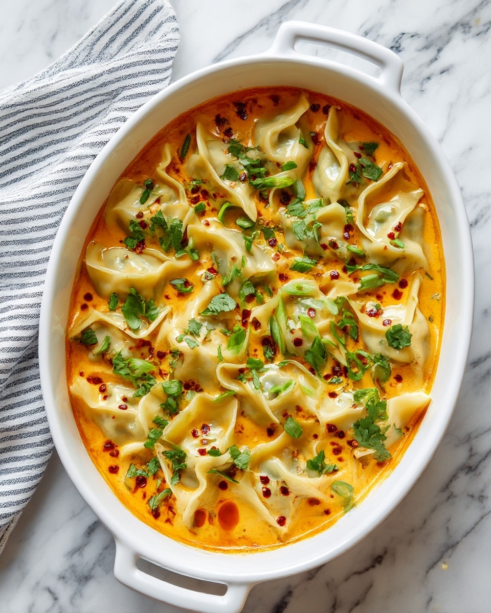 The image shows a white casserole dish filled with a single layer of dumplings partially submerged in a creamy orange sauce. The dumplings are arranged in neat rows, with their edges folded up, revealing the soft texture of the dough. The sauce has a smooth and rich texture, coating the dumplings evenly. Bright green chopped scallions and cilantro leaves are sprinkled across the top, adding spots of fresh green color. Small clusters of chili flakes and oil are scattered on the surface of the sauce, giving a spicy accent. The dish is set on a white marbled surface with a striped cloth partially visible on the left side. Photo taken with an iphone --ar 4:5 --v 7