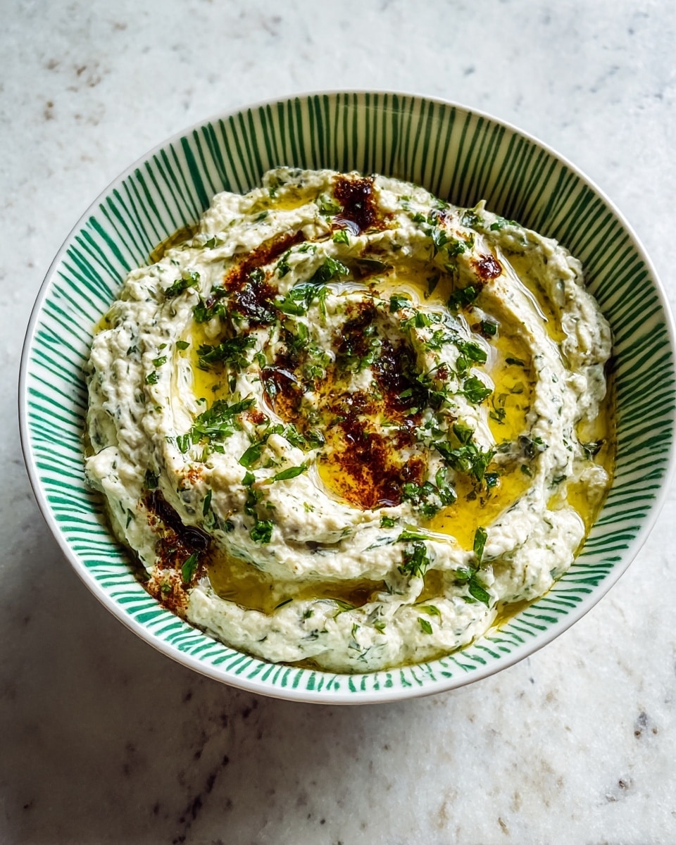 A white bowl with green vertical stripes holds a creamy, textured dip that appears to be mixed with green herbs, giving it a speckled light green and white look. The dip is spread unevenly but thickly, forming small peaks and valleys. On top, there are swirls of golden olive oil puddles and darker, reddish-brown sauce or seasoning, with some fresh chopped green herbs sprinkled over the entire surface. The bowl sits on a white marbled textured surface. photo taken with an iphone --ar 4:5 --v 7