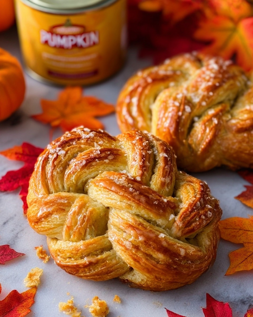 The image shows a close-up of two braided pastries with golden, flaky layers that shine with a light glaze on top, sprinkled with coarse sugar crystals. They are placed on a white marbled surface, surrounded by scattered bright orange and red autumn leaves, adding warm seasonal colors. Behind the pastries, there is a can of pumpkin, hinting at the flavor of the baked goods. The textures of the pastries highlight their buttery, crisp layers twisted together, with some crumbs around them. Photo taken with an iphone --ar 4:5 --v 7