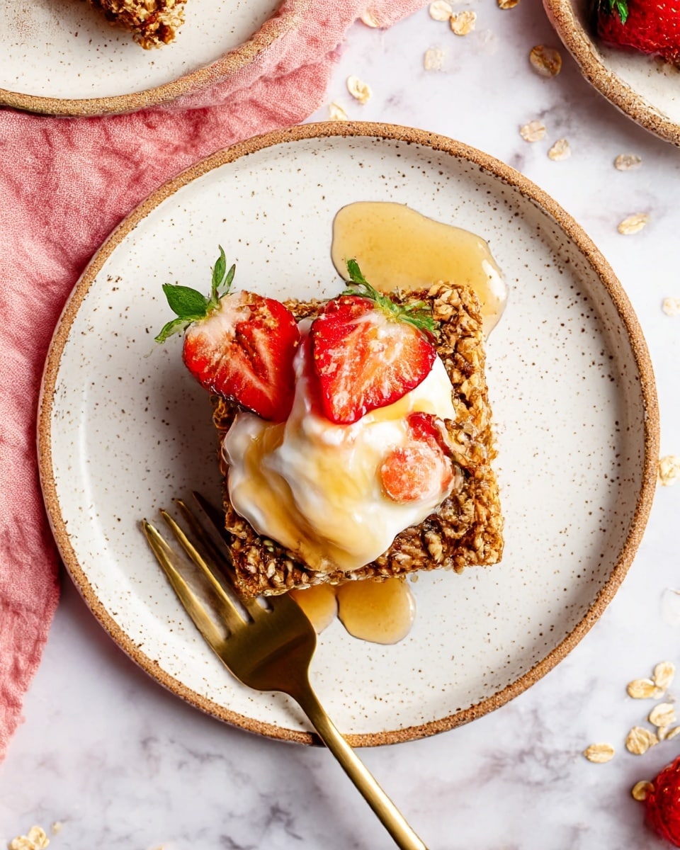 A square oat bar with a rough, crunchy texture sits in the center of a round white plate with a speckled rim. On top of the oat bar is a thick dollop of creamy white yogurt, drizzled with shiny golden syrup. Three fresh strawberry halves with bright red flesh and green leaves rest partly on the yogurt and oat bar, adding a pop of color. A gold fork lies diagonally on the plate, below the oat bar. The plate is placed on a white marbled surface with scattered oat pieces and a pink cloth partially visible. Photo taken with an iphone --ar 4:5 --v 7