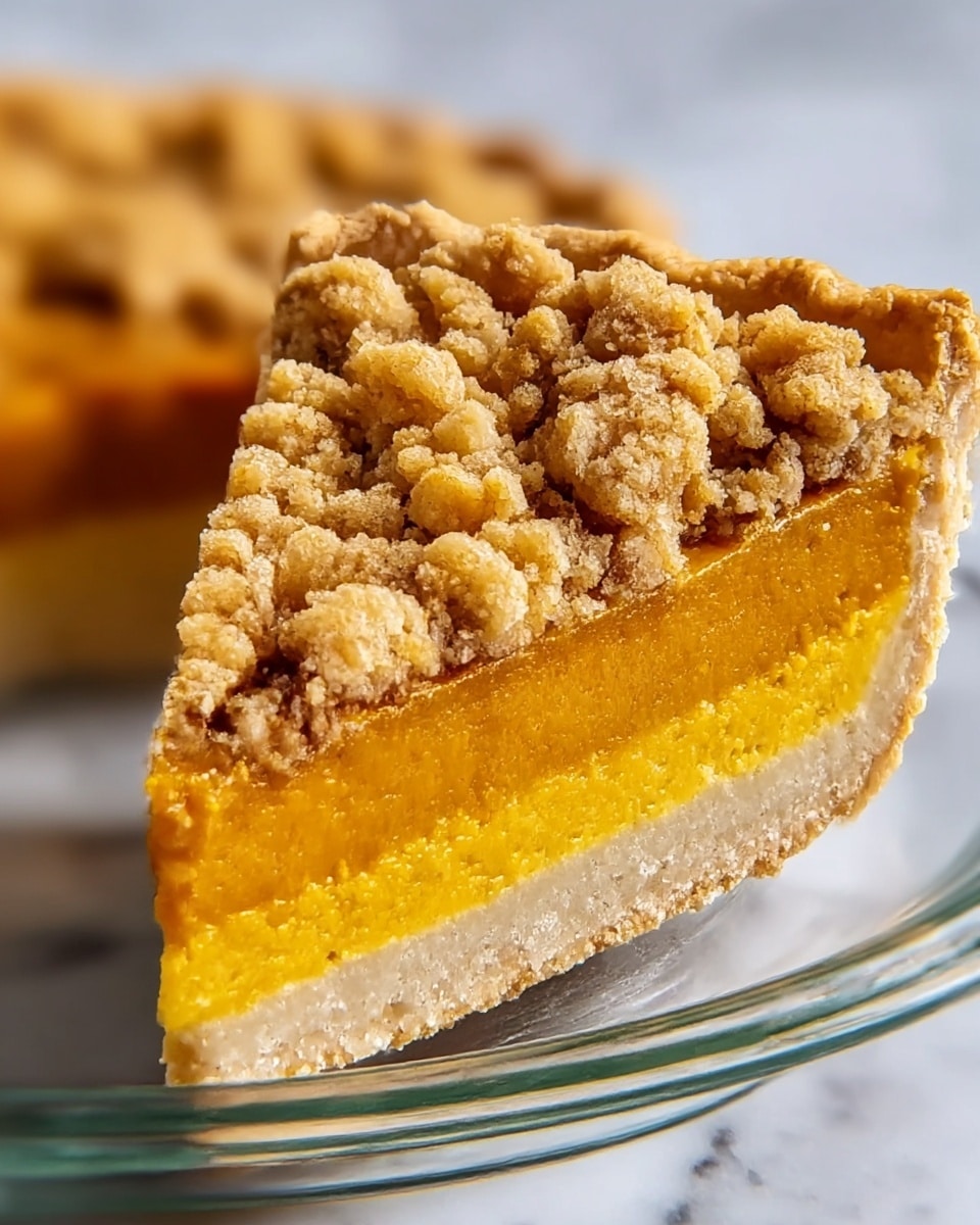 The image shows a close-up of a pie slice with three visible layers. The bottom layer is a thick, pale crust that looks crumbly and slightly grainy. Above the crust is a smooth, bright orange filling, which appears firm and even in texture. The top layer is a rough, chunky crumb topping with golden brown and light tan colors, giving a crunchy look. The pie slice is resting on a clear glass plate, set on a white marbled surface, with the background softly blurred. Photo taken with an iphone --ar 4:5 --v 7