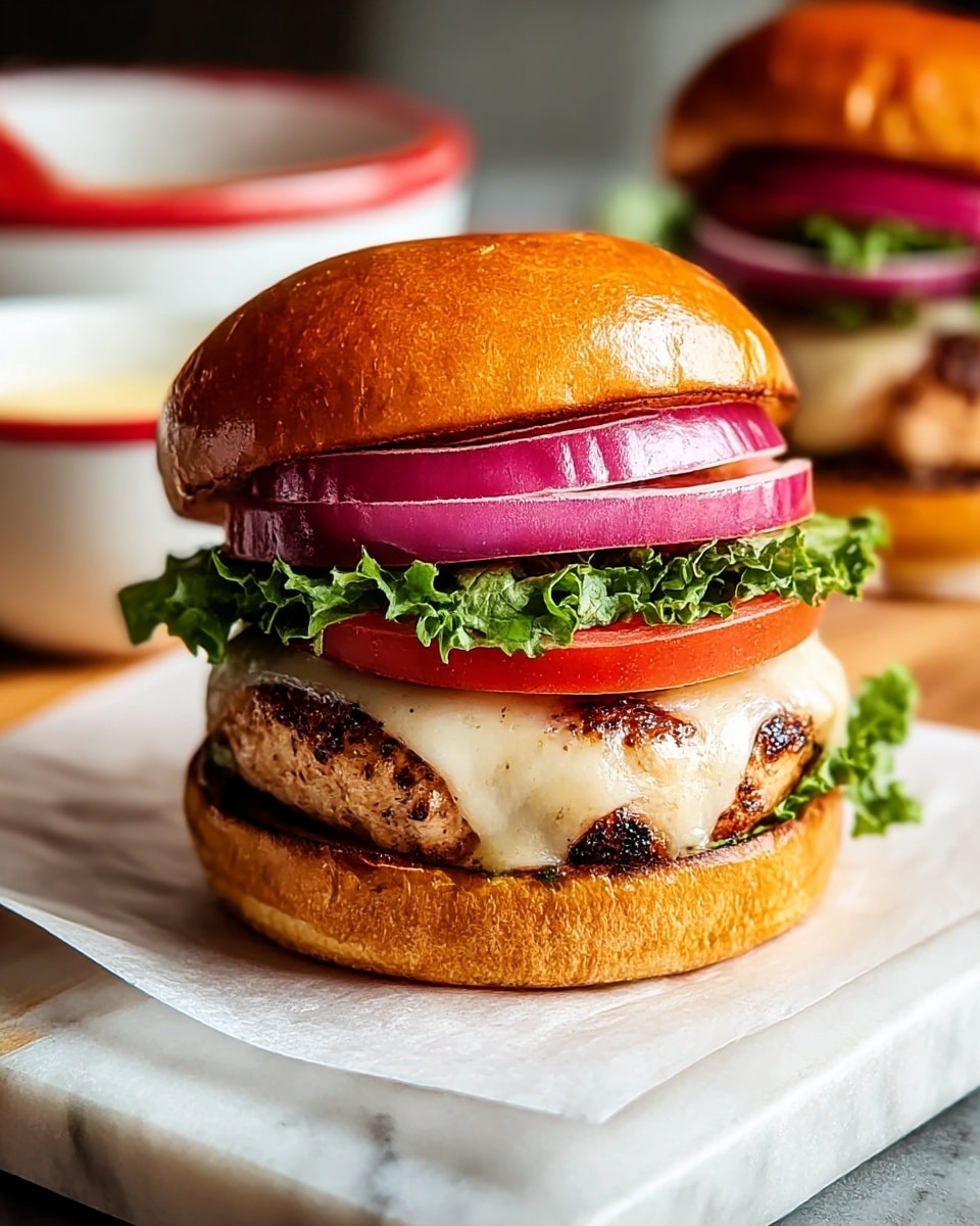 A close-up view of a juicy grilled chicken burger sitting on a white marbled surface with white paper underneath. The burger has five visible layers: a shiny, golden-brown top bun with a soft texture; two thick slices of red onion and a slice of ripe, red tomato sitting on melted white cheese that drapes over a thick, well-grilled chicken patty with char marks; fresh, curly green lettuce covering the bottom bun, which matches the top in its golden-brown color and softness. The background is softly blurred, showing another burger and a white bowl with a red rim. Photo taken with an iphone --ar 4:5 --v 7