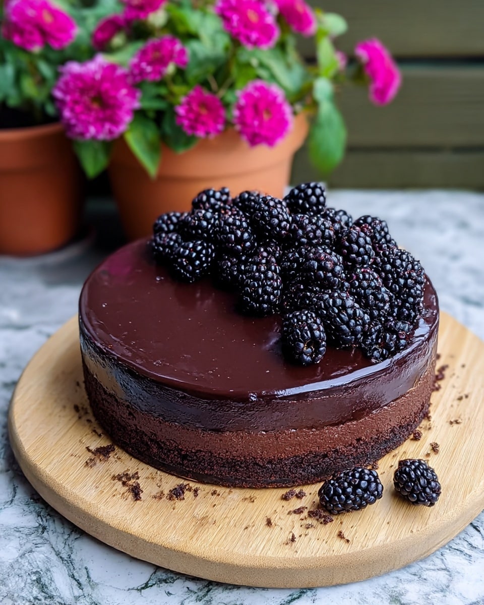 A round chocolate cake with two clear layers is shown on a light wooden board. The bottom layer is a dark, crumbly chocolate base. The top layer is smooth, glossy chocolate ganache, deep brown in color. On top of the cake, a pile of shiny blackberries adds contrast with their black and deep purple shades. The cake edges show some loose chocolate crumbs. Behind the cake, there is a blurred flower pot with bright pink flowers and green leaves, set on a white marbled textured surface. photo taken with an iphone --ar 4:5 --v 7
