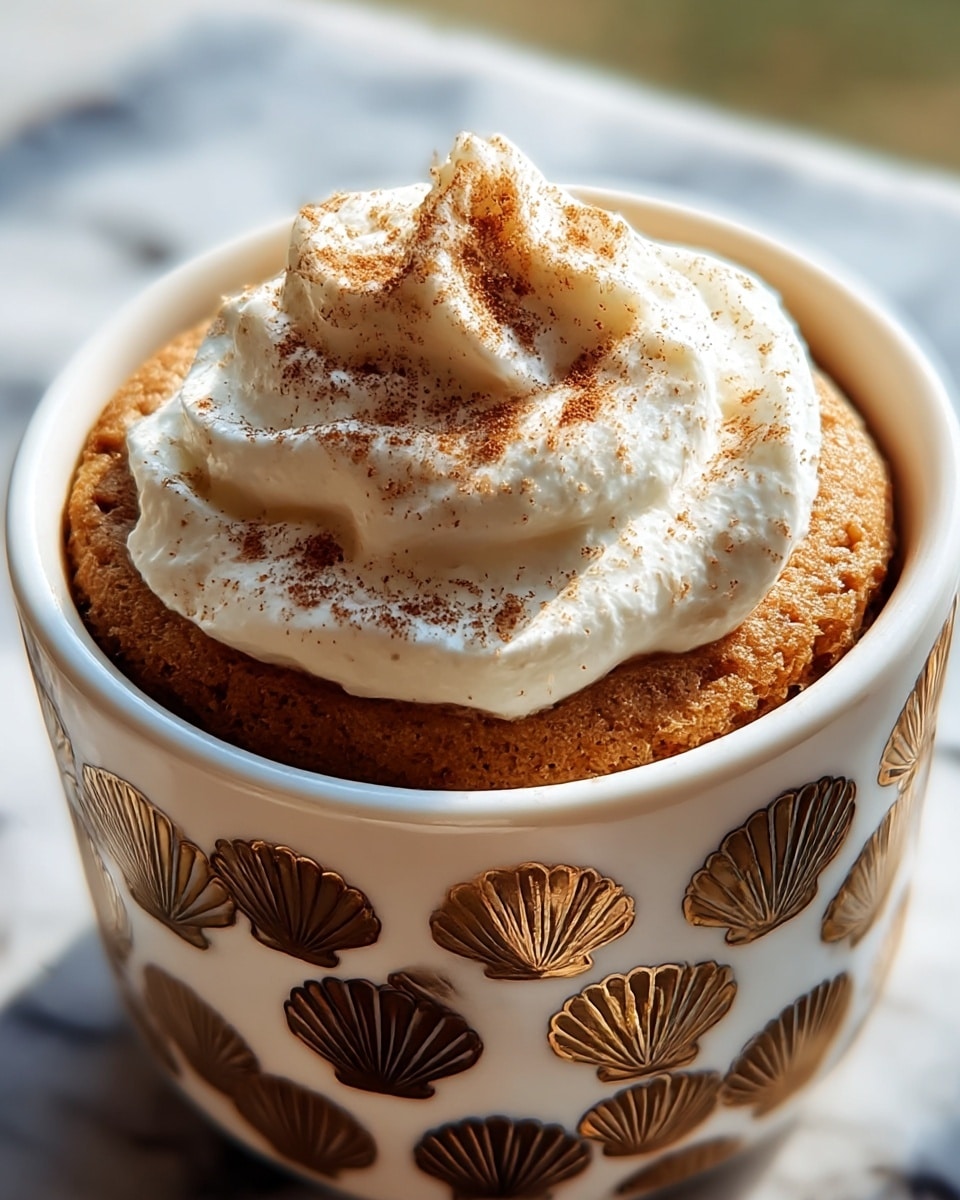A close-up view of a three-layered dessert in a white cup with gold and brown shell patterns on the outside. The bottom layer is a light brown baked cake with a soft and slightly cracked texture. The second layer is a thick swirl of smooth white whipped cream sitting in the center on top of the cake. The top of the whipped cream is sprinkled with a light dusting of brown cinnamon powder. The cup rests on a white marbled surface with soft natural light coming from behind. Photo taken with an iphone --ar 4:5 --v 7