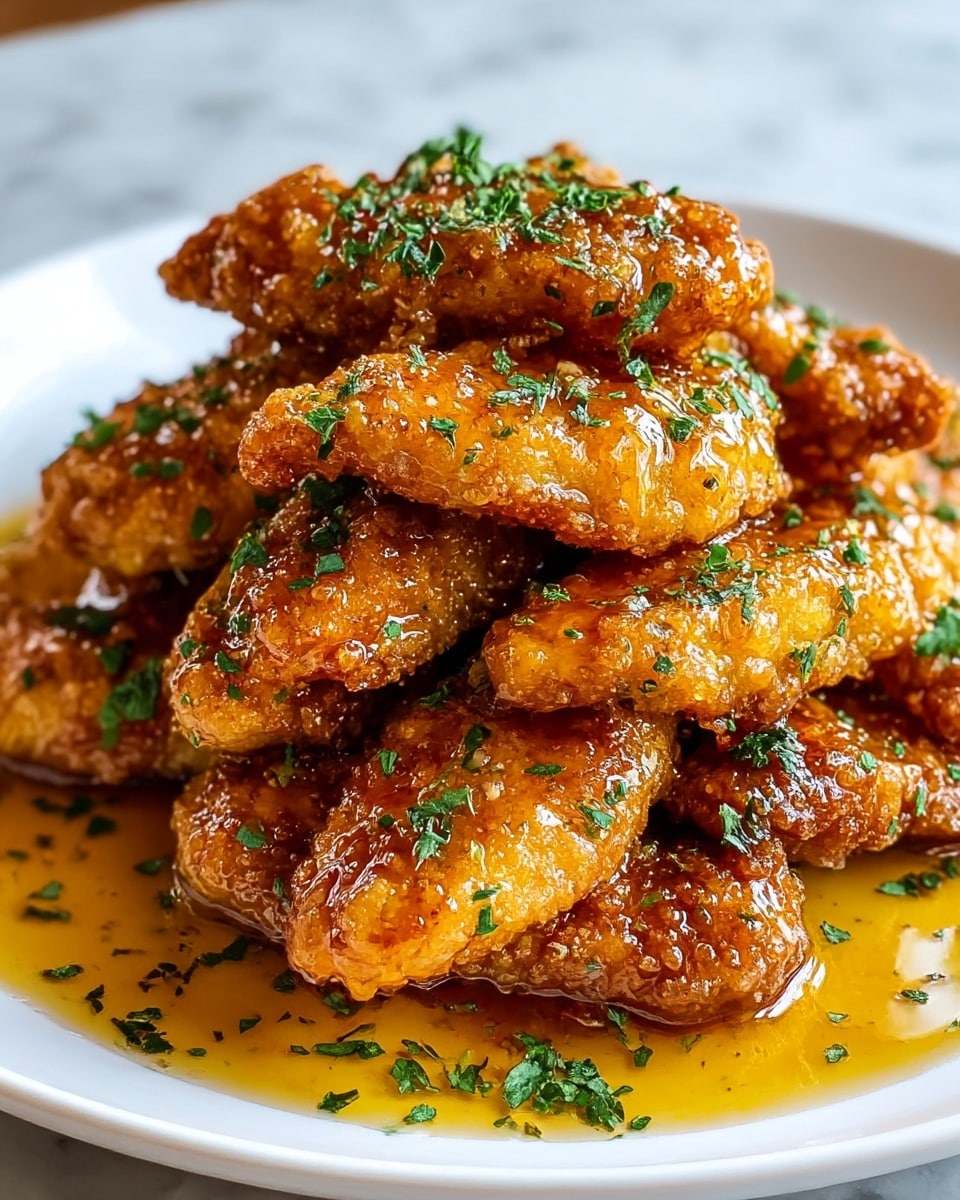 A white plate filled with a stack of golden brown, crispy fried chicken tenders covered in a shiny glaze of honey or syrup, with finely chopped green herbs sprinkled evenly on top and around the tenders. There are about two layers of tenders, some laying flat on the plate and others piled on top in a loose mound. The sauce pools around the bottom layer, reflecting light to highlight the crispy texture. The plate sits on a white marbled textured surface. photo taken with an iphone --ar 4:5 --v 7