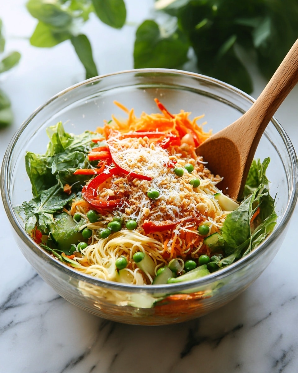 In a clear glass bowl, there is a colorful layered salad. The bottom layer is thin, light yellow noodles. On top of the noodles, there are mixed fresh green leaves, bright orange shredded carrots, and slices of pale green cucumber. Over these vegetables, there are thin red strips of roasted red pepper and bright green peas scattered around. The top layer is sprinkled with finely grated white cheese and some light brown crushed nuts or breadcrumbs. A wooden spoon is placed inside the bowl on the right side, resting against the side. The bowl sits on a white marbled surface with some green leafy plants blurred in the background. photo taken with an iphone --ar 4:5 --v 7