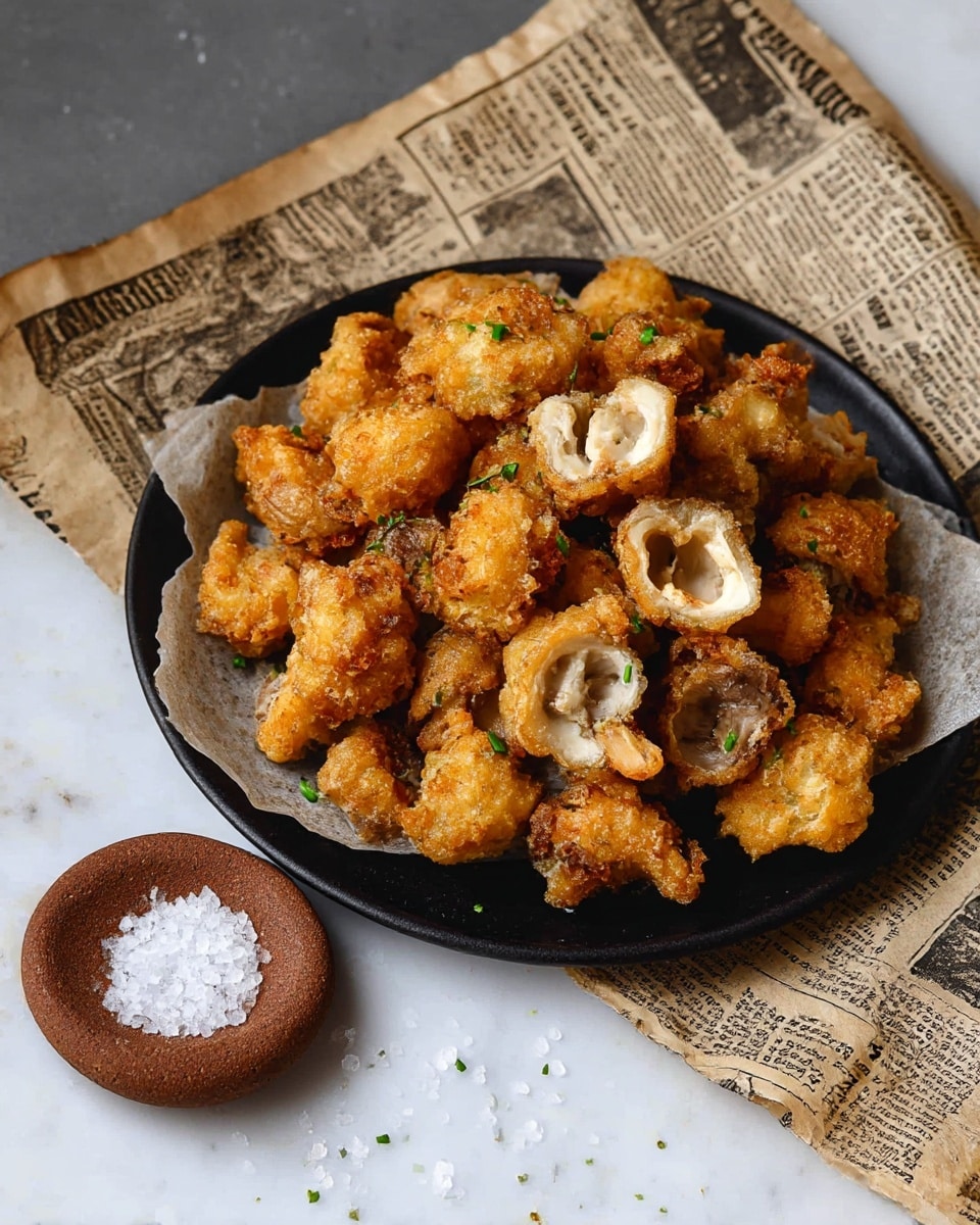 A black plate piled with many golden brown, crispy fried mushroom pieces sits on a white marbled surface covered partially by a vintage newspaper with black text. The mushrooms have a crunchy texture on the outside and some are cut in half to show the white and light beige soft mushroom inside. Small green herbs are sprinkled lightly over the mushrooms for a touch of color. Next to the plate is a round brown stone holding coarse white salt, with some salt crystals scattered on the surface around it. photo taken with an iphone --ar 4:5 --v 7