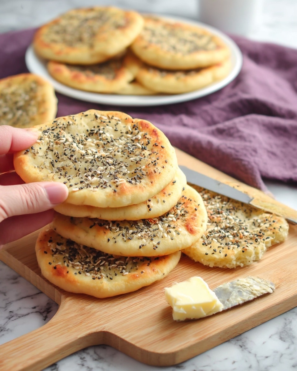 The image shows five small, round flatbreads with a golden crust, topped with a mix of black sesame seeds, white sesame seeds, and bits of sea salt, giving a speckled black, white, and light brown pattern on top. Four flatbreads are stacked slightly overlapping each other on a light wooden cutting board with a smooth texture, while one flatbread is placed separately on the cutting board. A butter knife lies next to the flatbreads, holding a small chunk of butter near its tip. In the background, more flatbreads are placed on a white plate, which sits on a soft purple cloth, all set on a white marbled surface. Photo taken with an iphone --ar 4:5 --v 7