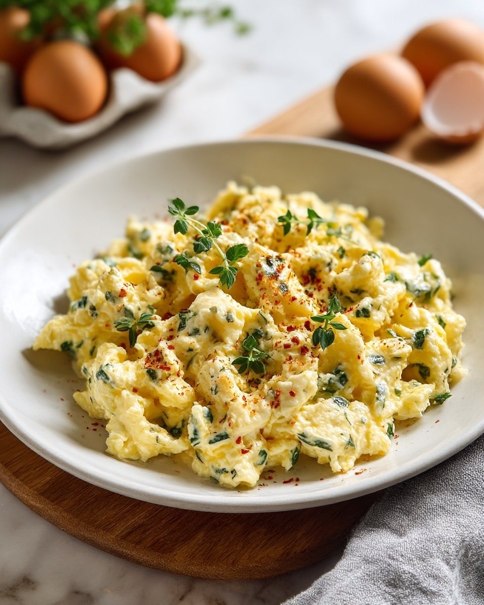 A white shallow bowl holds creamy scrambled eggs mixed with fresh green herbs spread evenly throughout the bright yellow and white fluffy egg layers. Small sprigs of herbs are scattered on top along with a light dusting of red spice, adding a pop of color. The bowl sits on a wooden board with eggs and a plant blurred in the background on a white marbled surface. A gray cloth is draped softly to the side. Photo taken with an iphone --ar 4:5 --v 7