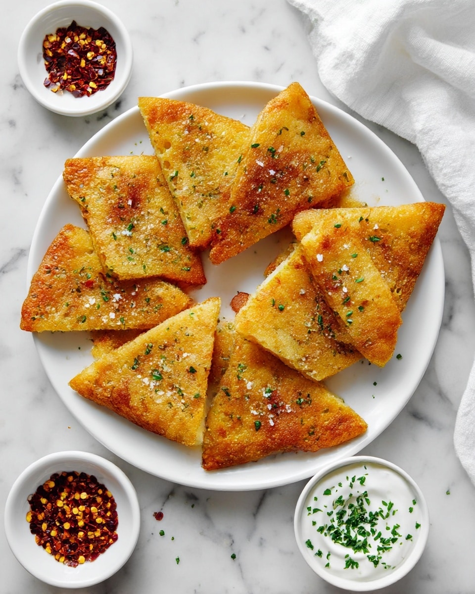 A white round plate holds nine crispy golden brown triangular pieces with a slightly porous texture, arranged in a loose circle. Each triangle is sprinkled with small green herb flakes and coarse salt, giving a fresh and savory look. Next to the plate are two small white bowls, one filled with red chili flakes and the other filled with a white sauce topped with finely chopped green herbs. The setting rests on a white marbled texture, with a white cloth partially visible in the top right corner. photo taken with an iphone --ar 4:5 --v 7