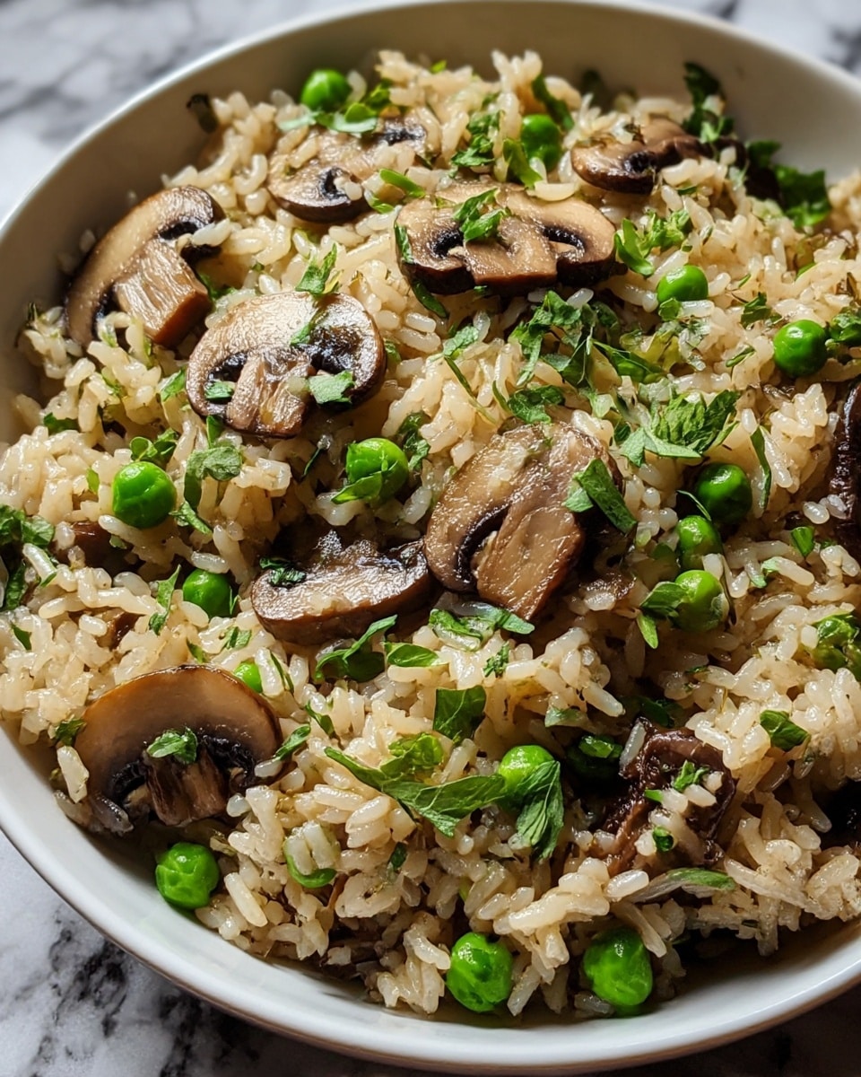 A close-up of a white bowl filled with cooked rice mixed with sliced brown mushrooms and green peas, garnished with fresh green herbs scattered on top. The rice grains appear soft and slightly glossy, with the mushrooms cut into small chunks resting evenly throughout. The green peas add bright pops of color, and the herbs provide a fresh contrast in texture and tone. The bowl sits on a white marbled surface. photo taken with an iphone --ar 4:5 --v 7