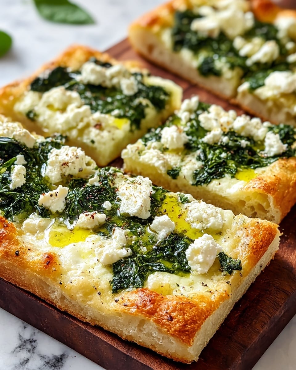 A square pizza with a thick, golden-brown crust that looks soft and airy, topped with a layer of melted white cheese covering the base, followed by bright green cooked spinach spread evenly on top. Crumbled white cheese is scattered over the spinach, with a drizzle of golden olive oil glistening on the surface and a light sprinkle of ground black pepper. The pizza is cut into smaller squares and placed on a dark wooden board, all sitting on a white marbled surface. photo taken with an iphone --ar 4:5 --v 7