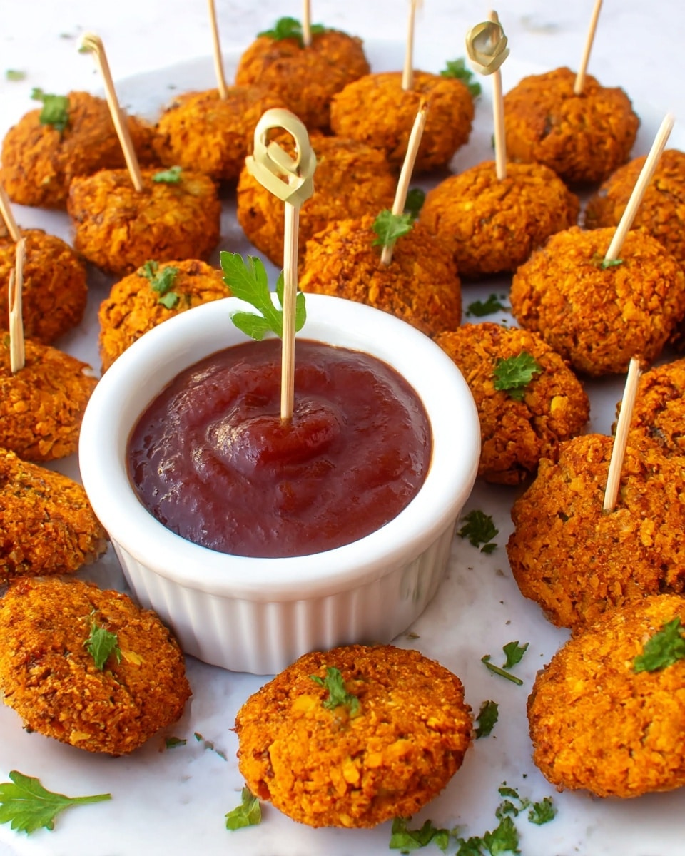 A white plate holds about twenty small, round falafel patties that are orange-brown in color with a crumbly texture, some topped with small green parsley leaves and a few with toothpicks stuck in them. In the center of the plate is a white ramekin filled with thick, dark red dipping sauce that has a slightly glossy surface. The plate is set on a white marbled surface with scattered parsley pieces around it. photo taken with an iphone --ar 4:5 --v 7