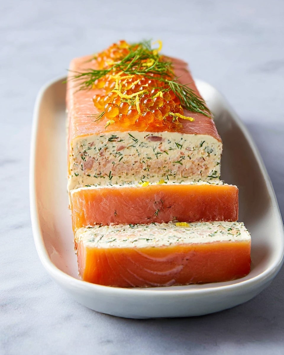 A layered dish sits on a white, long oval plate over a white marbled surface. The outside layer is thin slices of bright pink-orange salmon wrapped around a thick filling of two layers. The top filling layer is pale cream with green herbs and small bits of pink, the middle filling layer has a slightly darker pink tone mixed with herbs. The top of the dish is decorated with orange fish roe and topped with small green dill sprigs and little yellow lemon zest. Two slices have been cut from the front, showing the smooth, creamy texture of the filling and the fresh salmon edges clearly. photo taken with an iphone --ar 4:5 --v 7