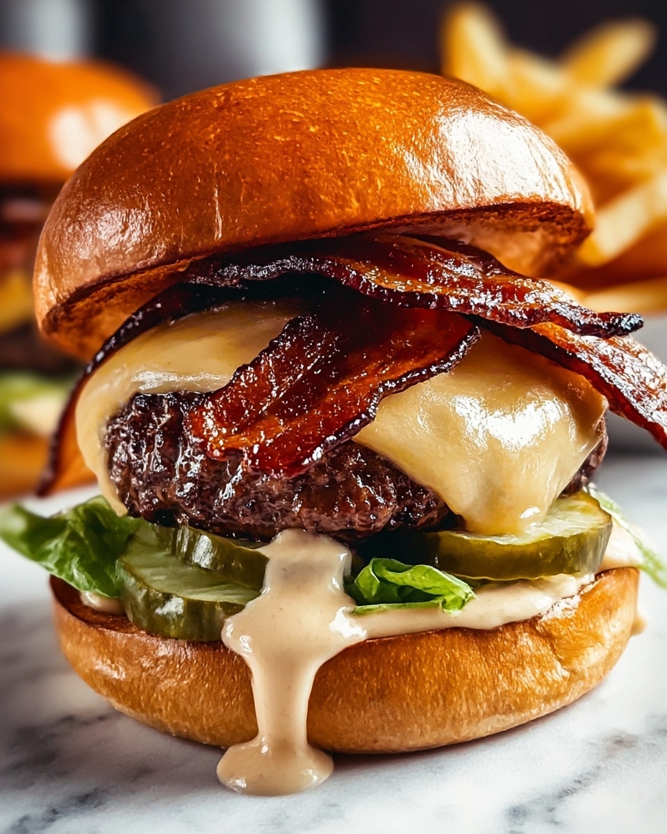 A close-up image of a burger with five visible layers on a white marbled surface; the bottom layer is a soft, shiny light brown bun topped with a creamy off-white sauce dripping down the sides, followed by a layer of green pickle slices and fresh green lettuce leaves peeking out, then a thick, juicy brown beef patty with a slightly charred texture, covered with a melted, smooth, light yellow slice of cheese, and topped with crispy, dark brown bacon strips that slightly spill over the edge, all enclosed by a glossy, golden brown top bun that shines from light reflection; a few golden French fries are seen in the background on the white marbled surface. photo taken with an iphone --ar 4:5 --v 7