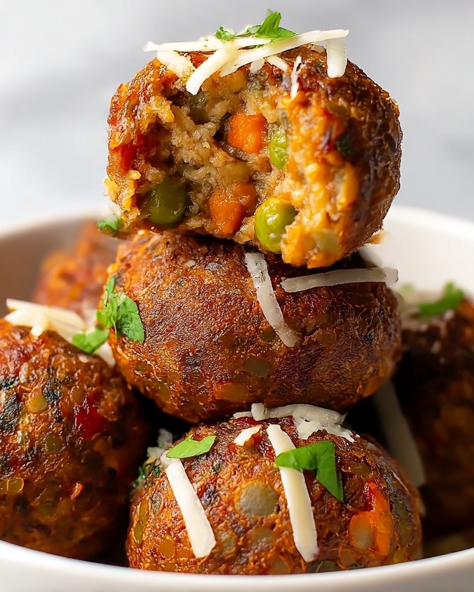 The close-up image shows a stack of three round, textured lentil meatballs with a crispy brown crust and visible bits of green herbs and red spices throughout. The top meatball is cut open, revealing a soft, moist interior mixed with small pieces of vegetables that include green peas and orange carrots. The meatballs are topped with thin white shreds of cheese and small green herb leaves, placed inside a white bowl. The background is a clean white marbled texture. photo taken with an iphone --ar 4:5 --v 7