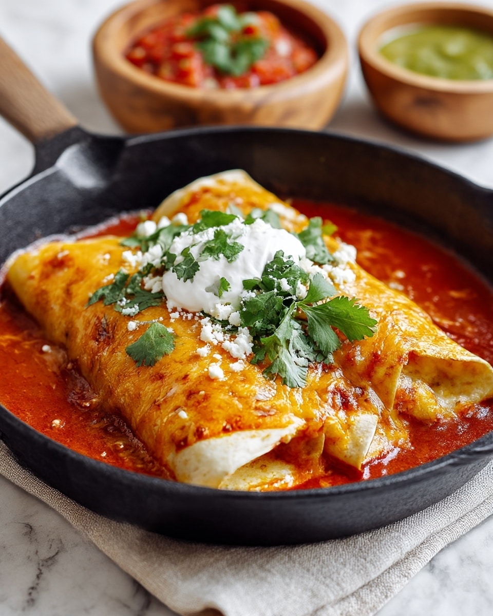 A black cast iron skillet holds two folded tortillas placed one on top of the other, both covered with melted golden orange cheese that is slightly browned in spots. The tortillas sit in a thick, smooth red sauce that spreads across the bottom of the skillet. On top of the cheese is a dollop of white sour cream, sprinkled with small white cheese crumbles and fresh green cilantro leaves. The skillet rests on a light beige cloth on a white marbled surface, with two wooden bowls blurred in the background, one holding red salsa and the other green sauce. Photo taken with an iphone --ar 4:5 --v 7