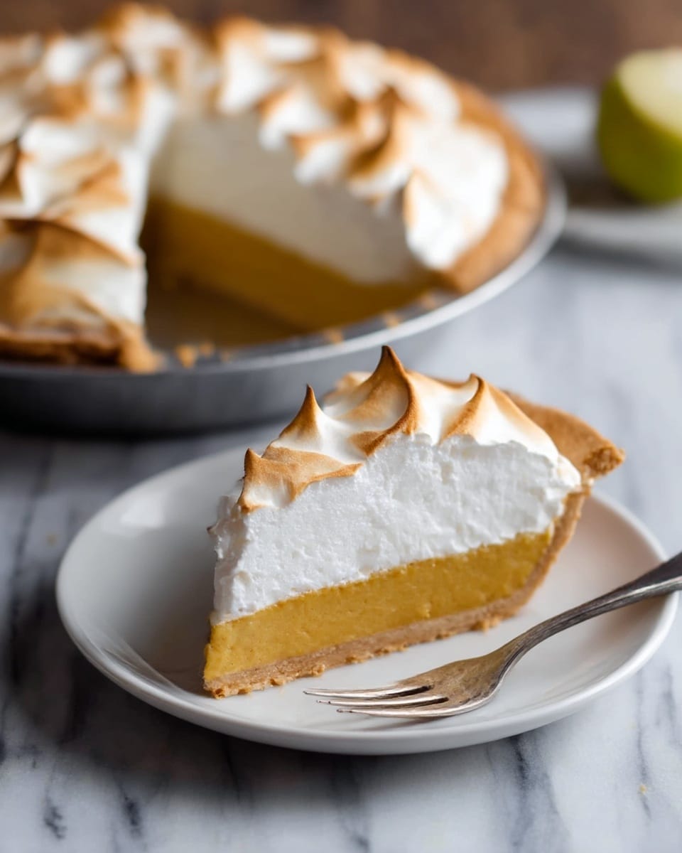 A slice of pie on a white plate with a silver fork next to it, showing three main layers: a light brown, firm crust at the bottom; a thick, smooth, golden-yellow filling in the middle; and a fluffy white meringue topping with peaks that are toasted to a golden brown, giving a textured pattern. In the background, the rest of the pie sits in a round metal pan with a piece missing, all placed on a white marbled surface. photo taken with an iphone --ar 4:5 --v 7
