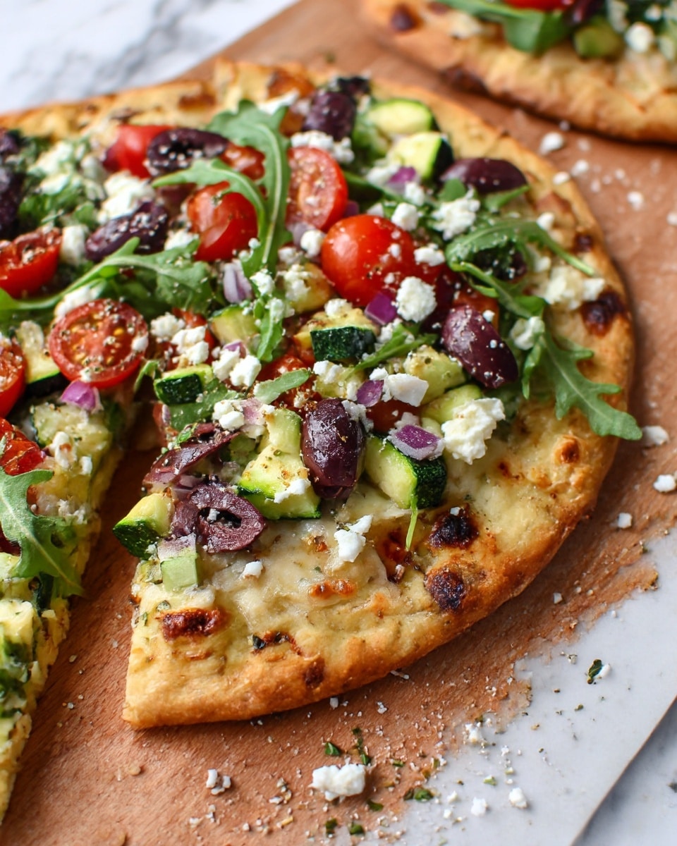A close-up of a flatbread pizza with a golden-brown, slightly thick crust topped with melted white cheese and scattered dark purple sliced olives as the first layer. On top, there is a fresh mix of colorful toppings including bright red cherry tomatoes, chopped green zucchini pieces, small purple onion chunks, and fresh green arugula leaves. White crumbles of feta cheese are sprinkled all over, adding contrast to the vibrant vegetable layer. The pizza rests on a wooden board with small bits of cheese and herbs around it, and the background is a white marbled texture. photo taken with an iphone --ar 4:5 --v 7