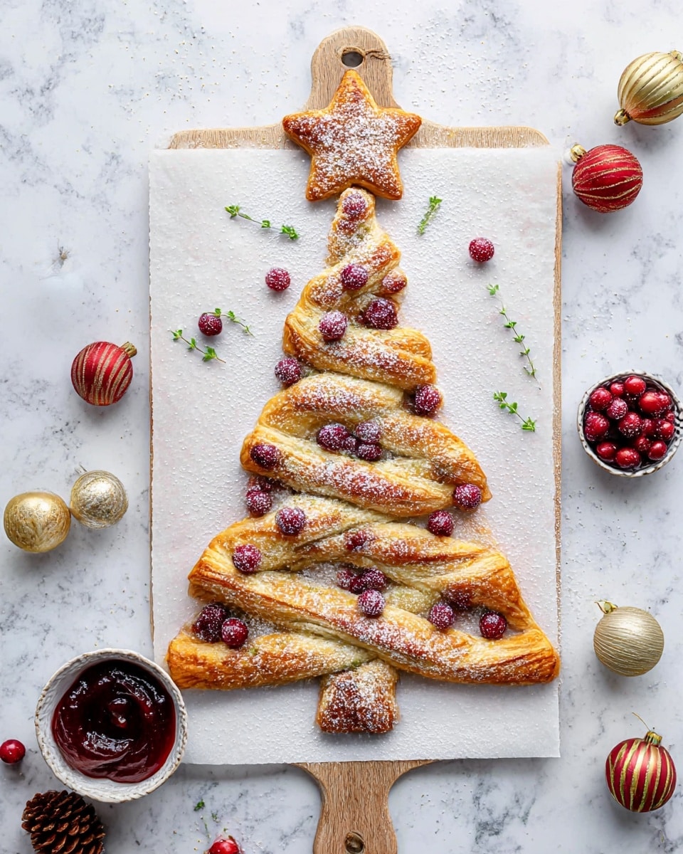 A Christmas tree-shaped pastry with golden brown, flaky layers twisted to form branches is placed on white parchment paper on a wooden board with a handle. The pastry is dusted with white powdered sugar and decorated with whole and halved red cranberries scattered on and around it. The top of the tree features a star-shaped pastry dusted with powdered sugar. Small green herb sprigs are added for decoration. Around the board are festive items like a bowl of fresh cranberries, a pine cone, red and gold Christmas baubles, and a small bowl of dark red cranberry sauce, all set on a white marbled surface. Photo taken with an iphone --ar 4:5 --v 7