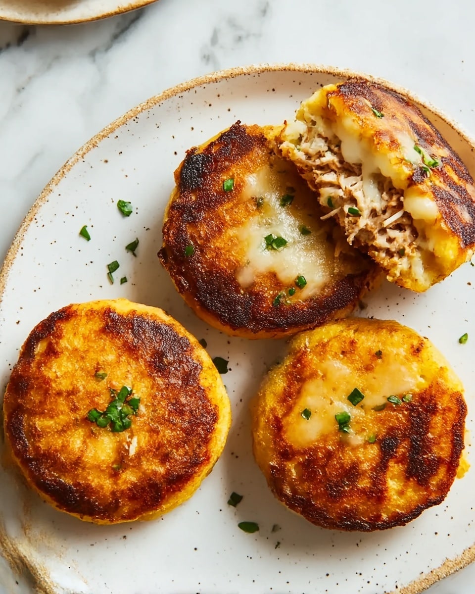 The image shows a white plate filled with round, golden-yellow fried cakes with a crispy texture. One cake is cut in half and placed in front, revealing a soft, moist inside layer of shredded light brown meat. The outer layer is thick and crumbly, with a crunchy, slightly uneven surface, while the inside looks tender and fluffy, holding the meat in the center. The plate rests on a white marbled textured surface. photo taken with an iphone --ar 4:5 --v 7