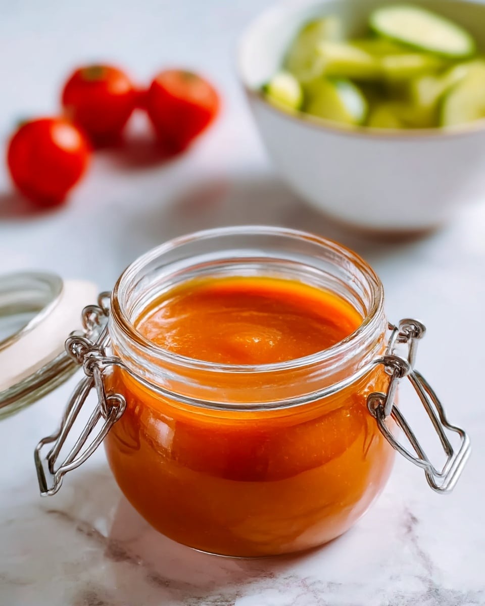 The image shows a small clear glass jar filled almost to the top with a smooth, thick, bright orange sauce. The jar has shiny silver metal clasps on the side and the lid is open, lying behind it. In the background, there is a small white bowl with sliced green cucumbers and some blurred small red tomatoes on a white marbled surface. The overall scene is simple and clean. photo taken with an iphone --ar 4:5 --v 7